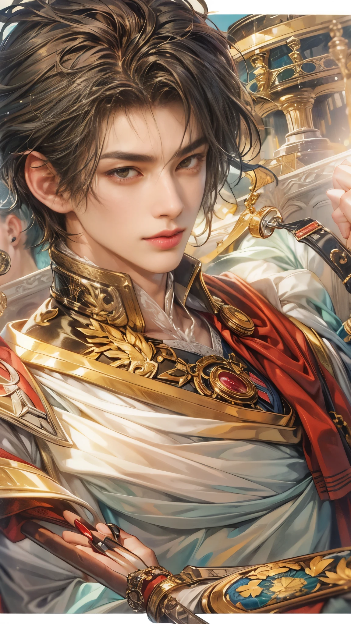 (absurdres, highres, ultra detailed, HDR), masterpiece, intricate details, best quality close-up picture of a character from Ragnarok Online, a character with handsome looks, korean face, obsidian hair, short hair, anime yellow eyes, matured teen, marquess outfit showing chest, crop top, detailed town of prontera background, festive scenery, detailed character, art kenouji
