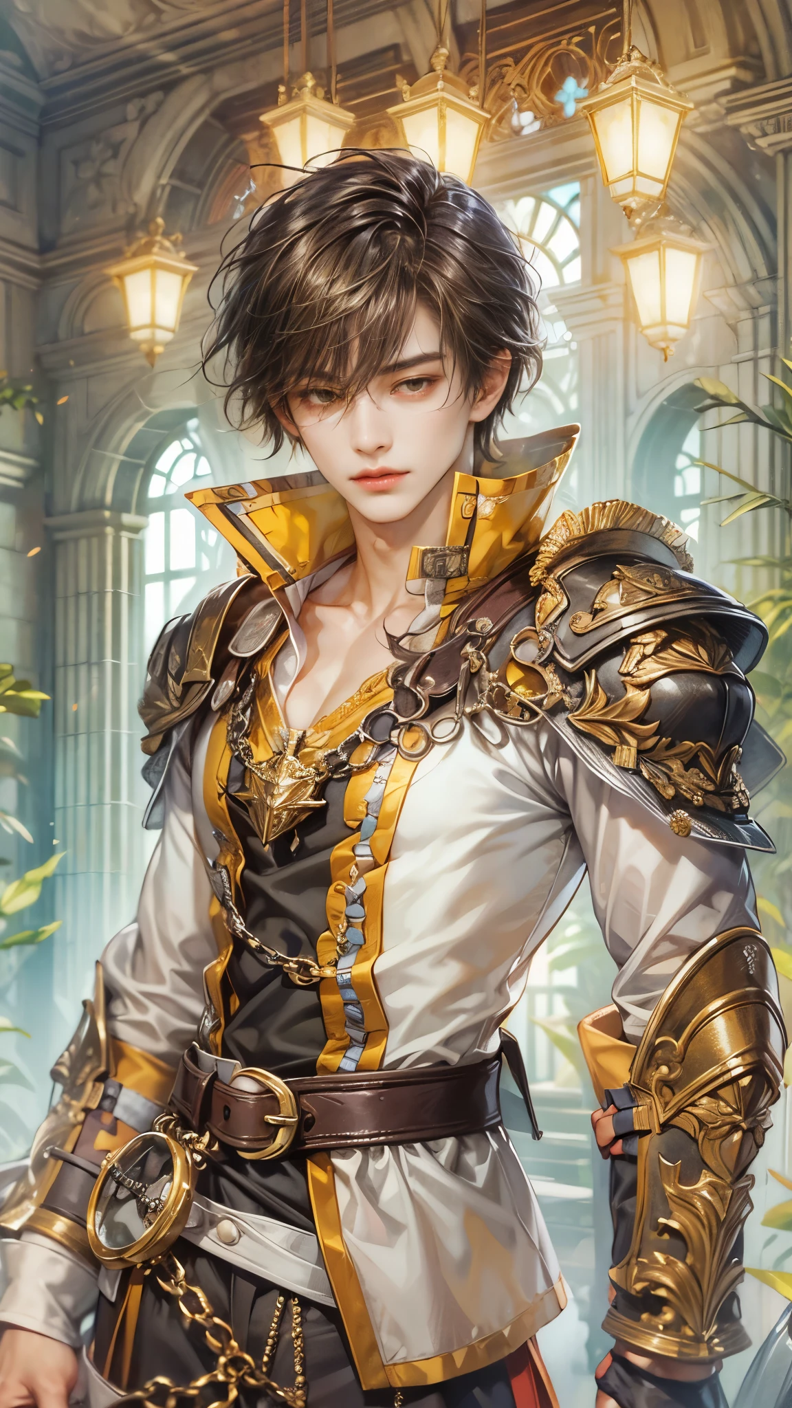 (absurdres, highres, ultra detailed, HDR), masterpiece, intricate details, best quality close-up picture of a character from Ragnarok Online, a character with handsome looks, korean face, obsidian hair, short hair, anime yellow eyes, matured teen, marquess outfit showing chest, crop top, detailed town of prontera background, festive scenery, detailed character, art kenouji