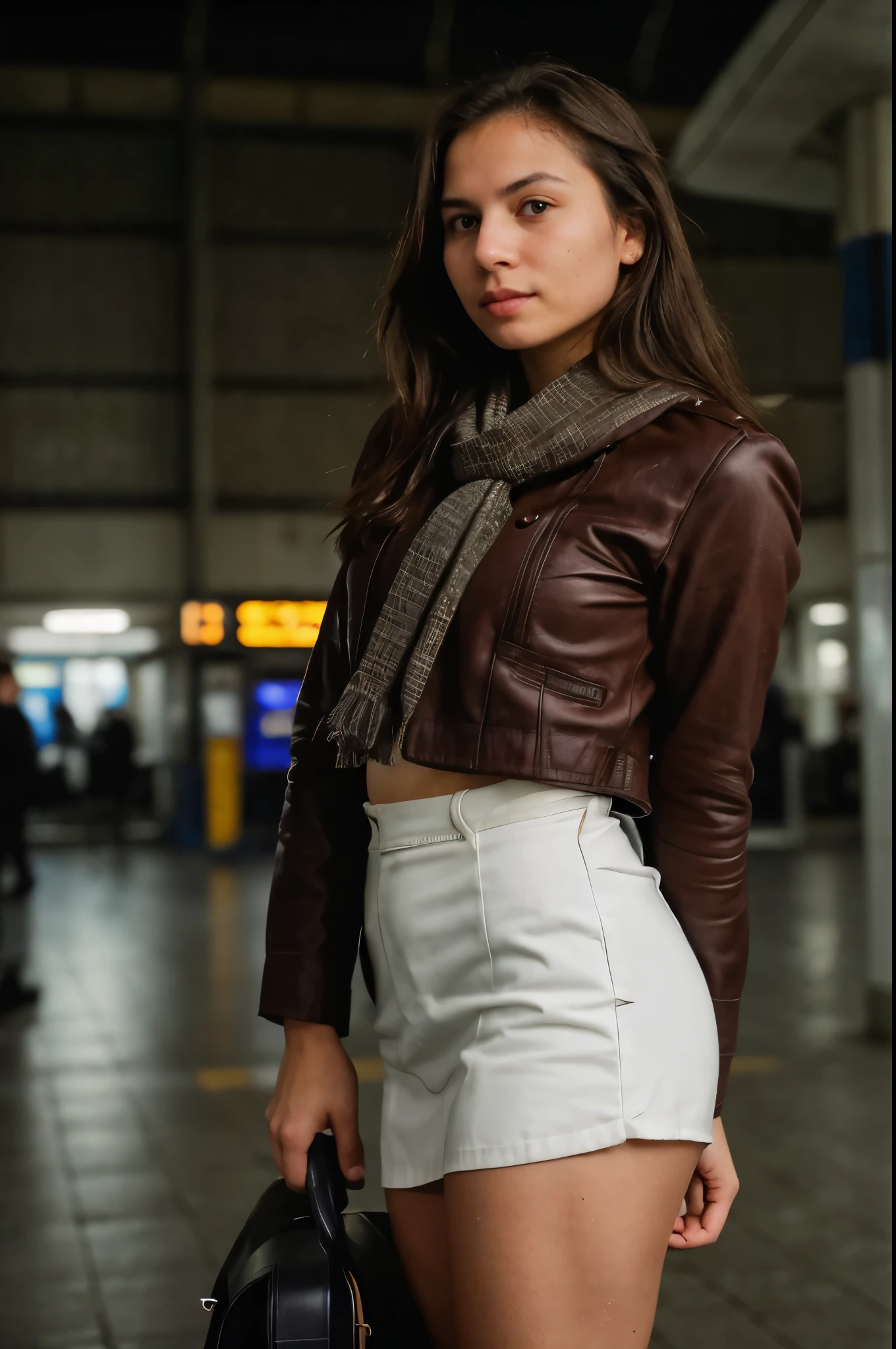 medium shot of a beautiful female traveler ready to travel and waiting on the street, detailed sharpness, flash photography