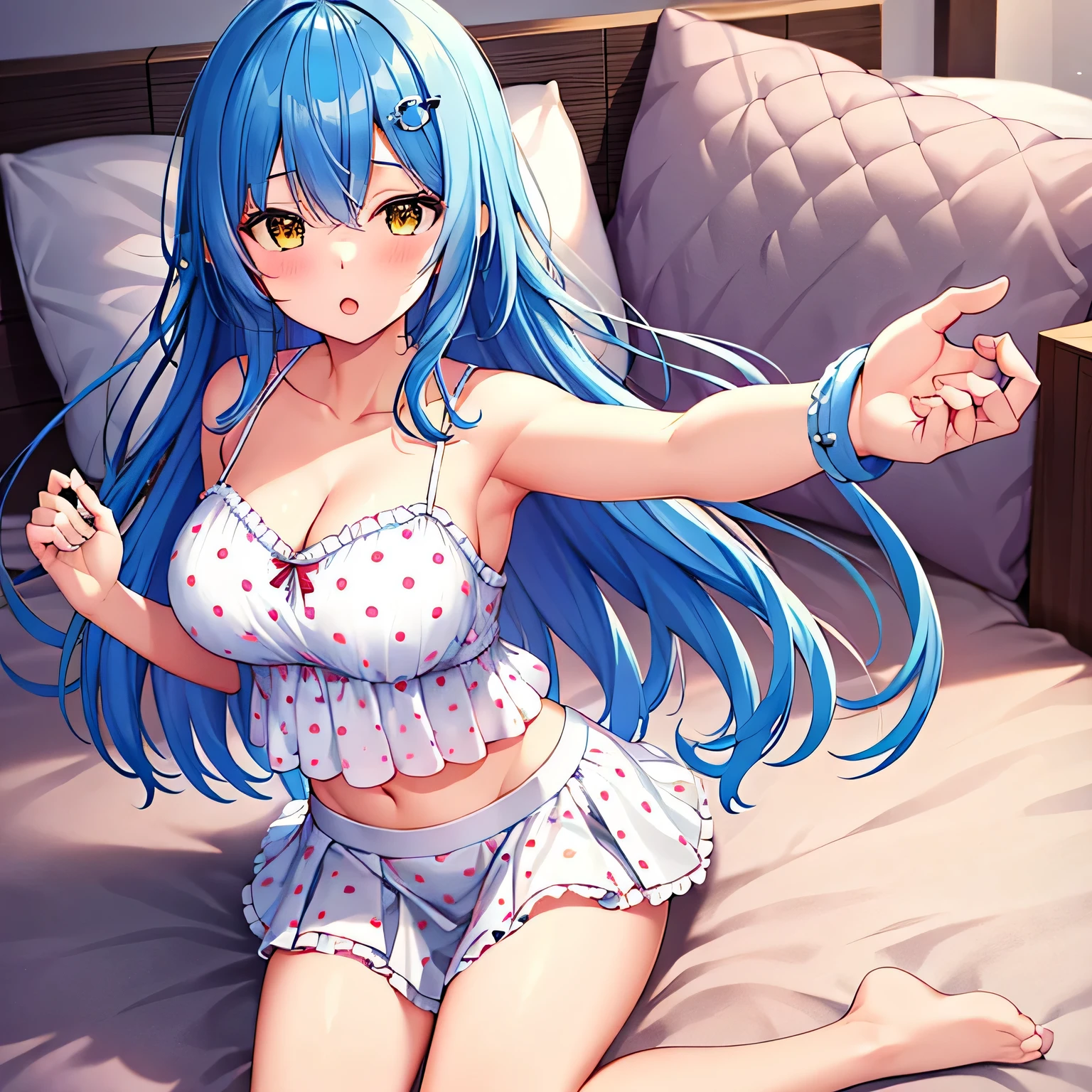 masterpiece, best quality, highres, 1girl, eelamy, long hair, streaked hair, ahoge, hair ornament, cleavage, polka dot, white camisole, white skirt, midriff, bed, wariza, pillow, :o, reaching out, outstretched arm,