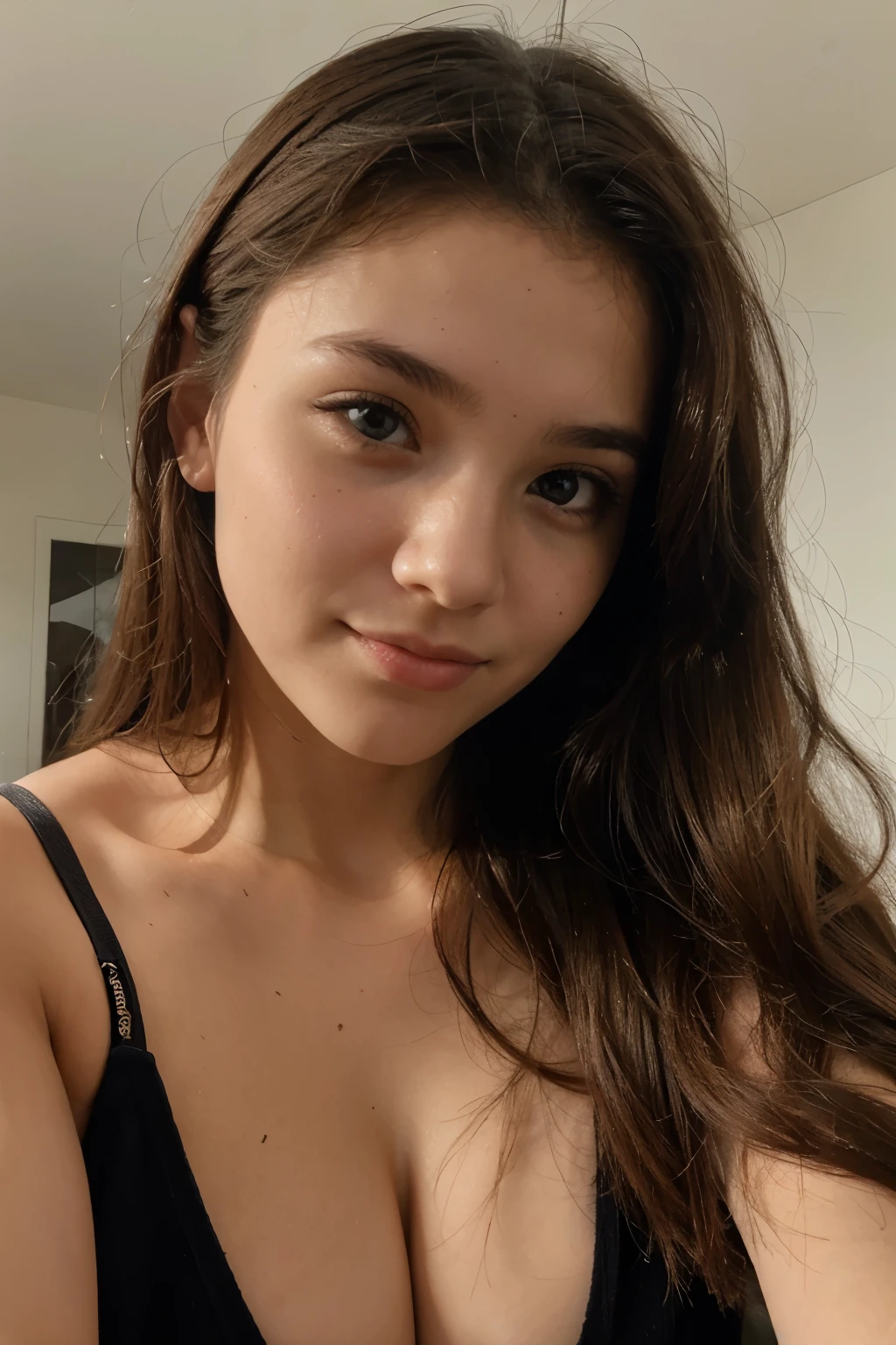 She taking a selfie of her face, beautiful teenager, 14 years old, cleavage, slight smile, hand on her face.