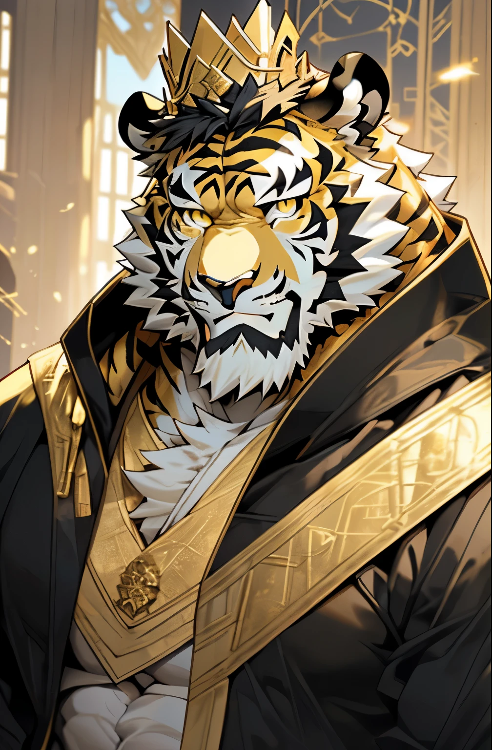 (一个穿着Dark robes,Golden and white skin haired tiger sitting on the throne),Wearing a black embroidered cloud robe,dramatic,king's portrait,16k high quality detailed art,(Golden Tiger:1.1), (((white and gold fur:1.5))),(gold tone), (The two eyes are not the same color,Pupils of different colors,One is golden,The other one is blue:1.3) (muscular body:1.2), perfect eyes, Handsome, (nice), (Perfect face,Eye portrayal:1.3),(Wearing an imperial crown:1.1),(gold and white intersecting skin:1.3),(royal palace background),(Close up:1.3).((disney style)),((cartoon)),Publaz, (golden tiger:1.1), (((gold and white fur:1.3))),((black color)), golden eyes, (muscular body:1.6), perfect eyes, Handsome, (OK), ((Dark robes:1.5)), Express, (Background of the Royal Palace's electricity purchase),(Contemptuous eyes),,(golden tiger tail),different students,(perfect masterpiece),(16k),(((Blackfriars:1.6))),(abdominal muscles:1.3),(((middle aged:1.4))),(36 years old),(golden stripes),alone,(black sideburns:1.5),(black beard:1.5),(black chin:1.5),(golden face pattern:1),(The facial details are very rich:1.3),(Strong),Half body