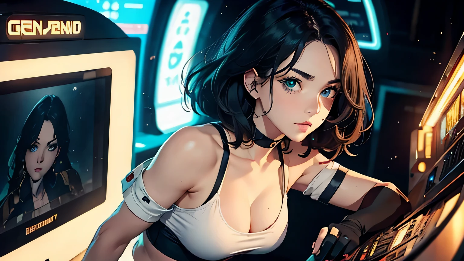 4K, A high resolution, Best quality at best, masterpiece, perfect colors, perfect shadow, perfect litthing, ((sportrait)), 1woman, fit body, heterochromia eyes,dark blue hair , blue eyes, With round lenses, The audience watched carefully, (s face: 1.2), Perfect female figure, ((dynamic pose)), ((greenTight crop top, half breast open, greenleather suit)), ((shy and looking at viewert)), (Perfect thick white eyebrows) Delicate fur, 详细s face, s the perfect face, , (retro arcade game background), ((Bonifasko lighting)), (The round lenses on his eyes)(detailed eyes), (Face close up), Perfect student,