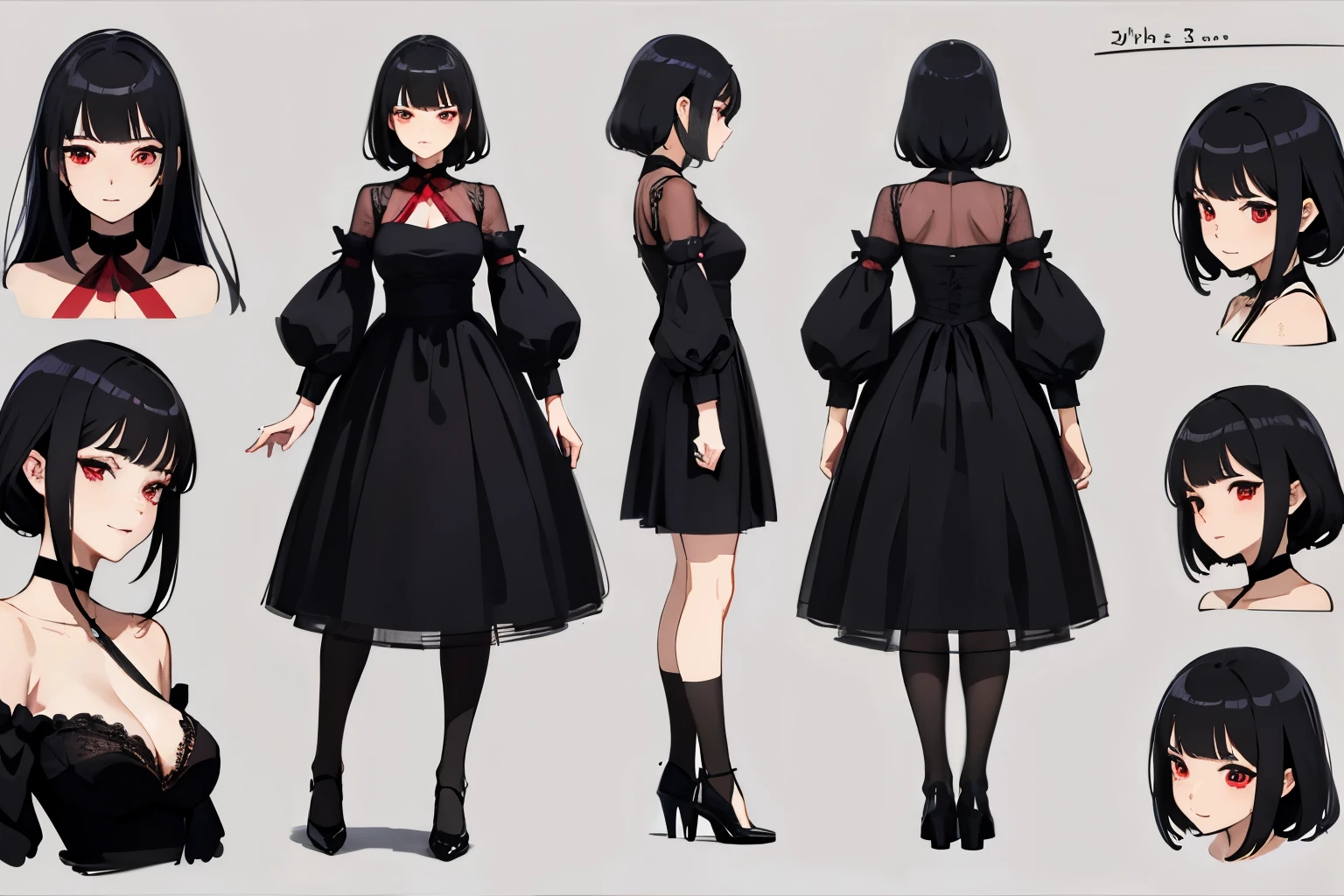 pose model sheet, black hair, red eyes, looking forward, best quality, masterpiece, anime girl, adult, dress black