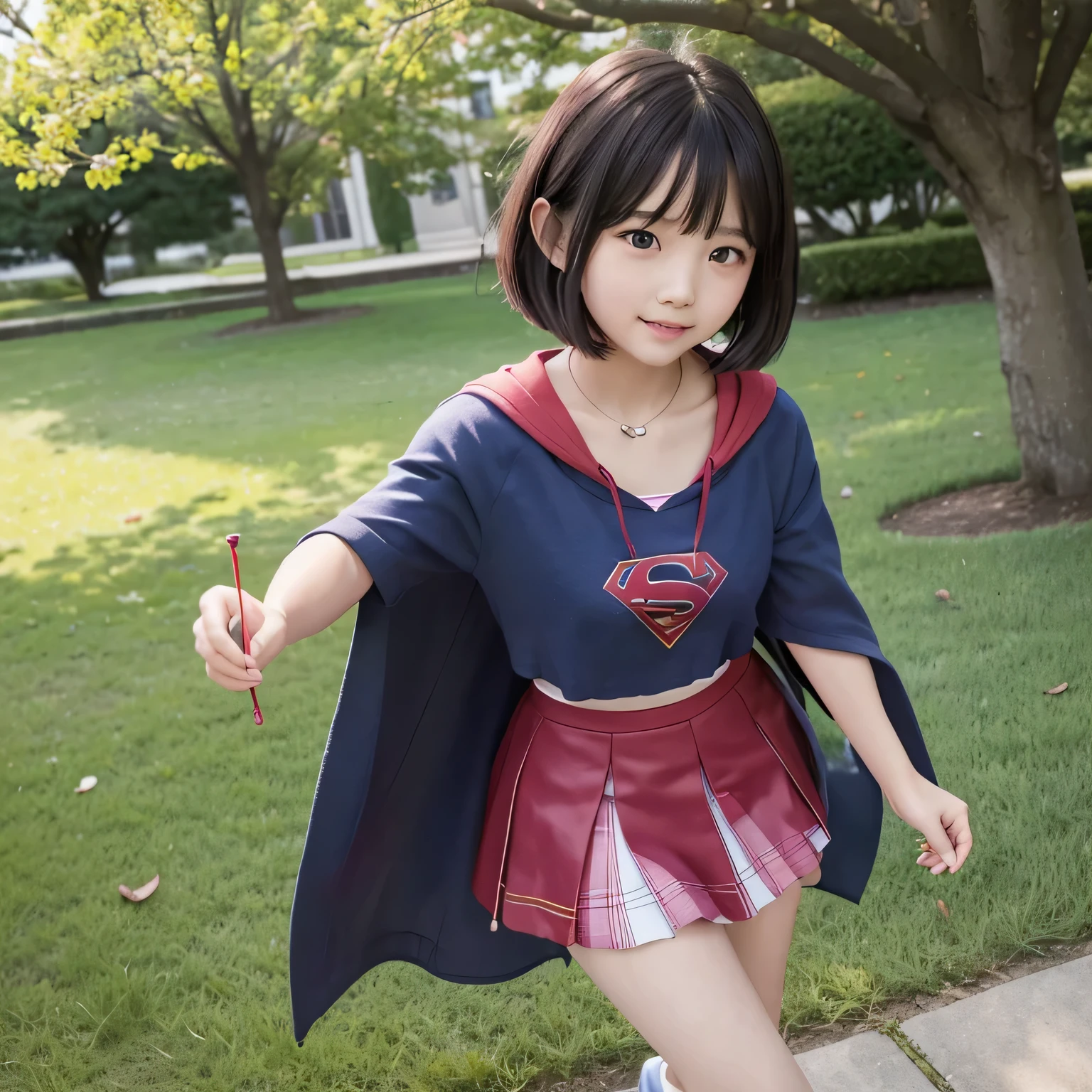 A very elementary school student is wearing Supergirl clothes..、masterpiece、highest quality、Spreading black hair、bob cut with trimmed ends、con、red cloak、short sleeve、belly button、(A lot of shining heart particles are dancing in the air)、smiling mouth、blush、(Standing right next to a big cherry tree)、(Holding the letter in my hand to my chest)、(I have a pink love letter)