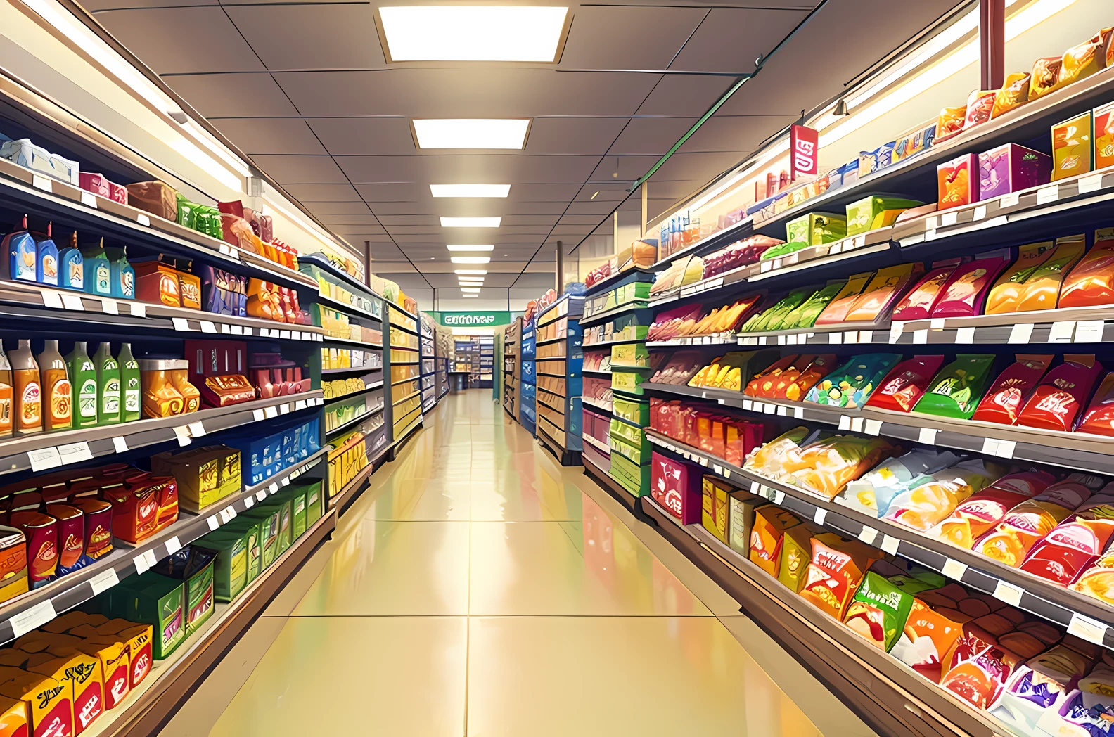 arafed aisle of a grocery store with shelves of food and drinks, inside a supermarket, walmart, vibrant atmosphere, wide long shot, wide angle photo, commercial photograph, food and consumerism, completely empty, commercially ready, looking this way, the blessed aisles, wide angle, shopping groceries, advertising photo, wide long view
