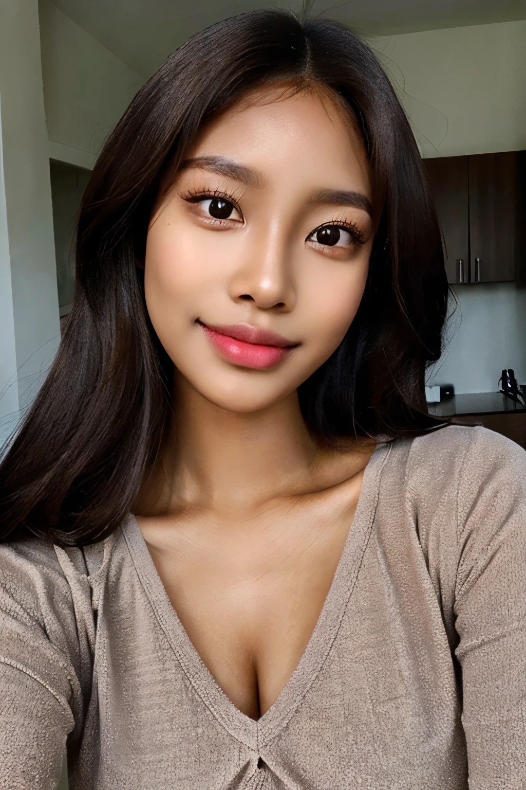Best quality, beautiful woman, brown skin, long dark hair, natural face, no makeup, monolid