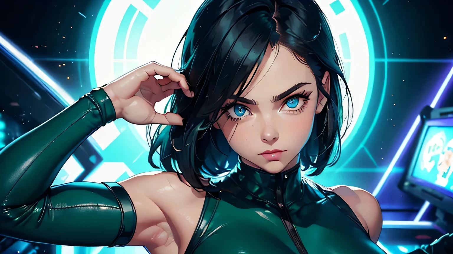 4K, A high resolution, Best quality at best, masterpiece, perfect colors, perfect shadow, perfect litthing, ((sportrait)), 1woman, fit body, heterochromia eyes,dark blue hair , blue eyes, With round lenses, The audience watched carefully, (s face: 1.2), Perfect female figure, ((dynamic pose)), ((greenTight crop top, half breast open, greenleather suit)), ((shy and looking at viewert)), (Perfect thick white eyebrows) Delicate fur, 详细s face, s the perfect face, , (retro arcade game background), ((Bonifasko lighting)), (The round lenses on his eyes)(detailed eyes), (Face close up), Perfect student,