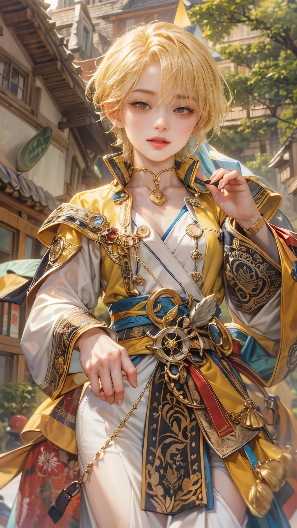 (absurdres, highres, ultra detailed, HDR), masterpiece, intricate details, best quality close-up picture of a character from Ragnarok Online, a character with handsome looks, korean face, obsidian hair, short hair, anime yellow eyes, matured teen, marquess outfit showing chest, crop top, detailed town of prontera background, festive scenery, detailed character, art kenouji