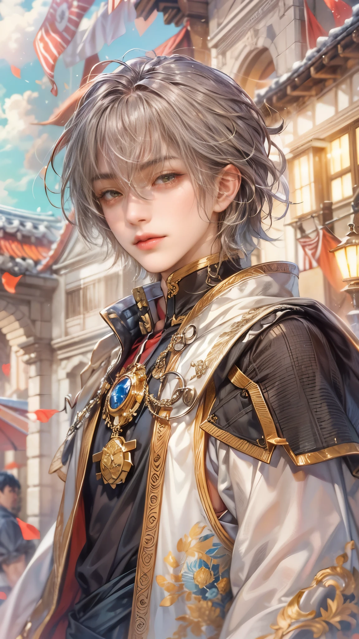 (absurdres, highres, ultra detailed, HDR), masterpiece, intricate details, best quality close-up picture of a character from Ragnarok Online, a character with handsome looks, korean face, obsidian hair, short hair, anime yellow eyes, matured teen, marquess outfit showing chest, crop top, detailed town of prontera background, festive scenery, detailed character, art kenouji