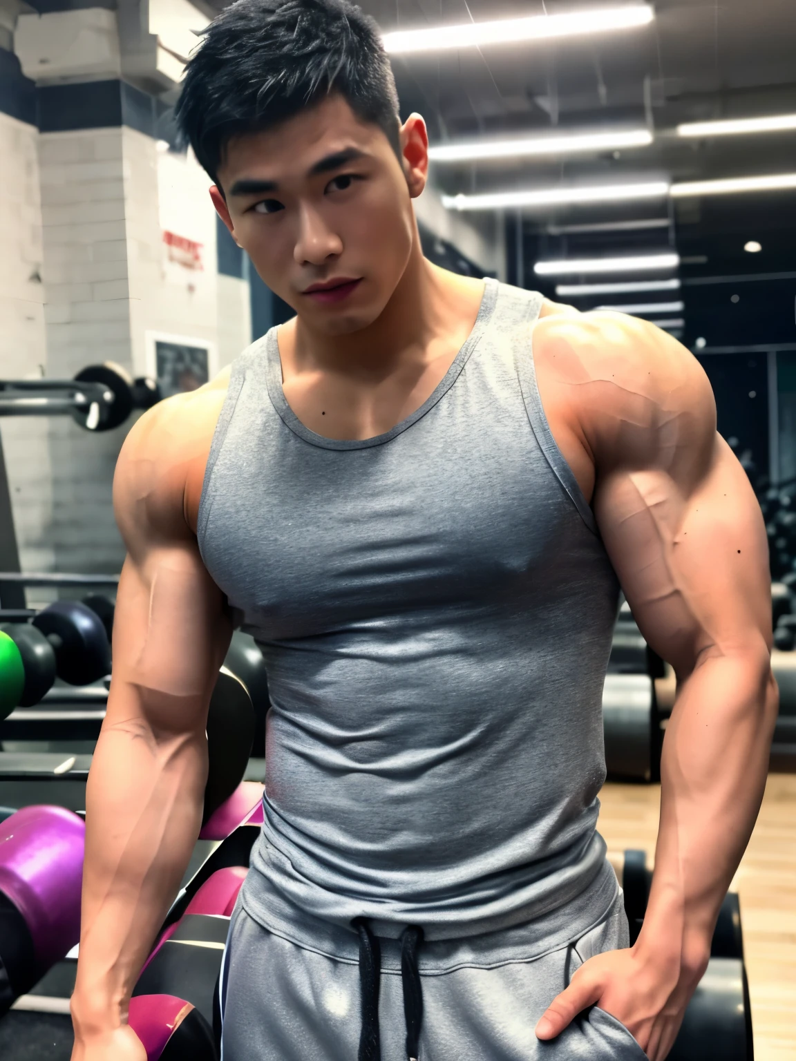 Asian guy muscle big body sweating at the gay gym