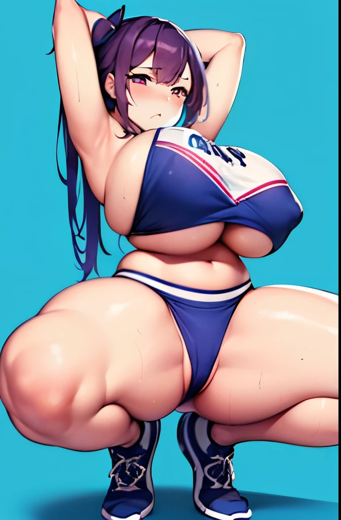 {{{masterpiece}}}, {{{best quality}}}, {{ultra-detailed}}, {illustration}, {{an extremely delicate and beautiful}},((Only One Woman))、、((cheerleader clothes))、((bare breast))、((bikini))、((wearing a skirt))、((very big breasts))、big thighs、((I can see your panties))、((Face forward and open your legs wide))、one color background、Very sweaty skin、full body、((disrespectful attitude))、(twin tails)、Purple hair color、knee high socks、protruding nipples、((breast focus))、squatting down、((hands behind head))、((hands are tied))