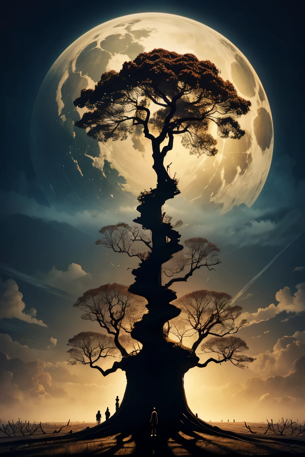 tree reaching heaven in the sky, roots reaching down to hell in the ground, heaven and hell are prominent in picture