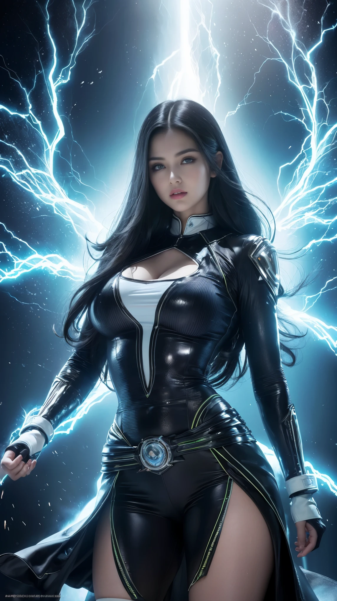 ((mejor calidad)), ((obra maestra)), (detallado: 1.4), ..3D, una imagen de una hermosa mujer ojos azules con traje de Invisiblewoman con cabello grueso Pechos grandes con disparos y cola grande y voluminoso, light particules, Pure energy, caos, antitech, HDR (High Dymanic Range), Trazado de rayos ,NVIDIA RTX, Super-Resolutio