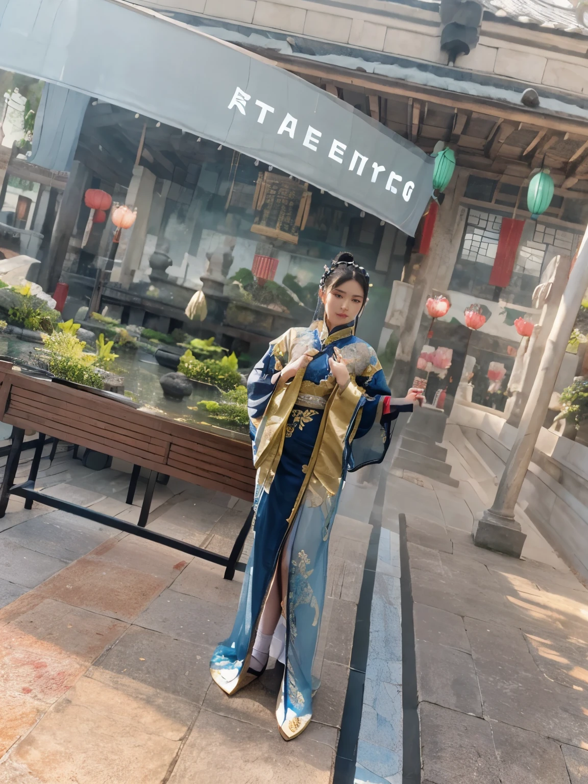 Ancient Chinese beauty sitting on stone, wearing ancient Chinese costume, flowing blue tulle, light silk, lazy pose, large lotus leaves, lotus flowers, ink painting style, clean colors, decisive cutting, white space, freehand, masterpiece, super detailed, epic composition, high quality, highest quality, 4k --v 6