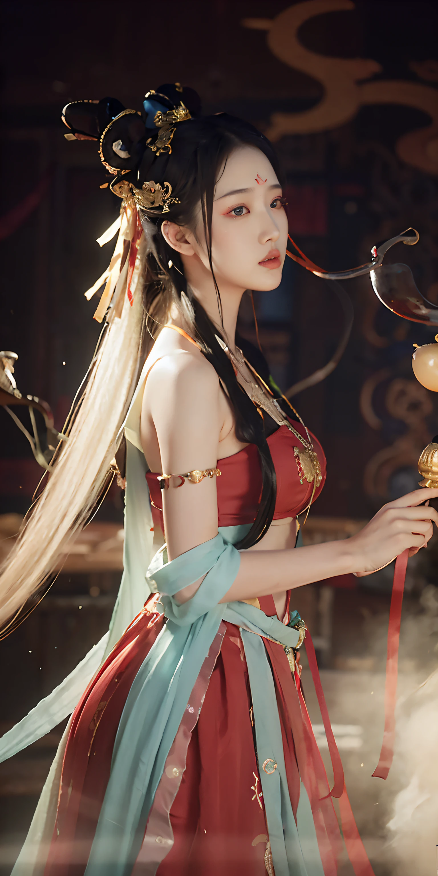 1 girl, Dunhuang flying costume, messy long hair, Zied G, Dunhuang style, A lot of smoke, superb, elegant color, red belt, actual, high detail, masterpiece, Ultra-detailed, dynamic angle, mural background, ink, Astonishing, movie lighting, illustration, chiaroscuro, backlight, divine light, best quality, best quality, anatomically correct, Surrealism, shadow, relief, Stereo view, vertical painting, leave, atmospheric perspective, 8k, Ultra-detailed, precise, best quality, anatomically correct, high details, best quality, high quality, high resolution