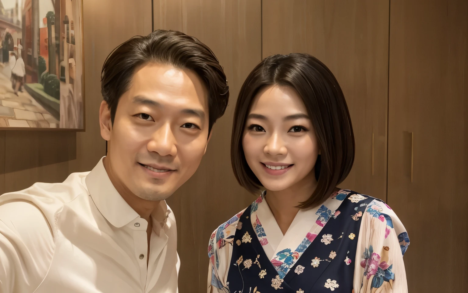 (Best quality, 8k, 32k, Masterpiece, UHD:1.2) (Best quality, 8k, 32k, Masterpiece, UHD:1.2) "Generate an art scene featuring a well-known celebrity "Lee Jung-jae" posing with a Japanese fan for a selfie. Show the celebrity and the fan in a joyful and friendly interaction, capturing a candid moment of connection and excitement. Portray the celebrity with their recognizable features and the fan displaying enthusiasm and admiration. Ensure the setting reflects a casual yet vibrant environment, possibly with hints of a crowded event or a bustling backdrop that complements the celebratory atmosphere. Emphasize the genuine and happy expressions of both the celebrity and the fan, creating a heartwarming scene of connection and fandom." ((well-proportion female hands)), ((female hands with five digits)) ((Body is well proportioned)), ((chic bob haircut)),