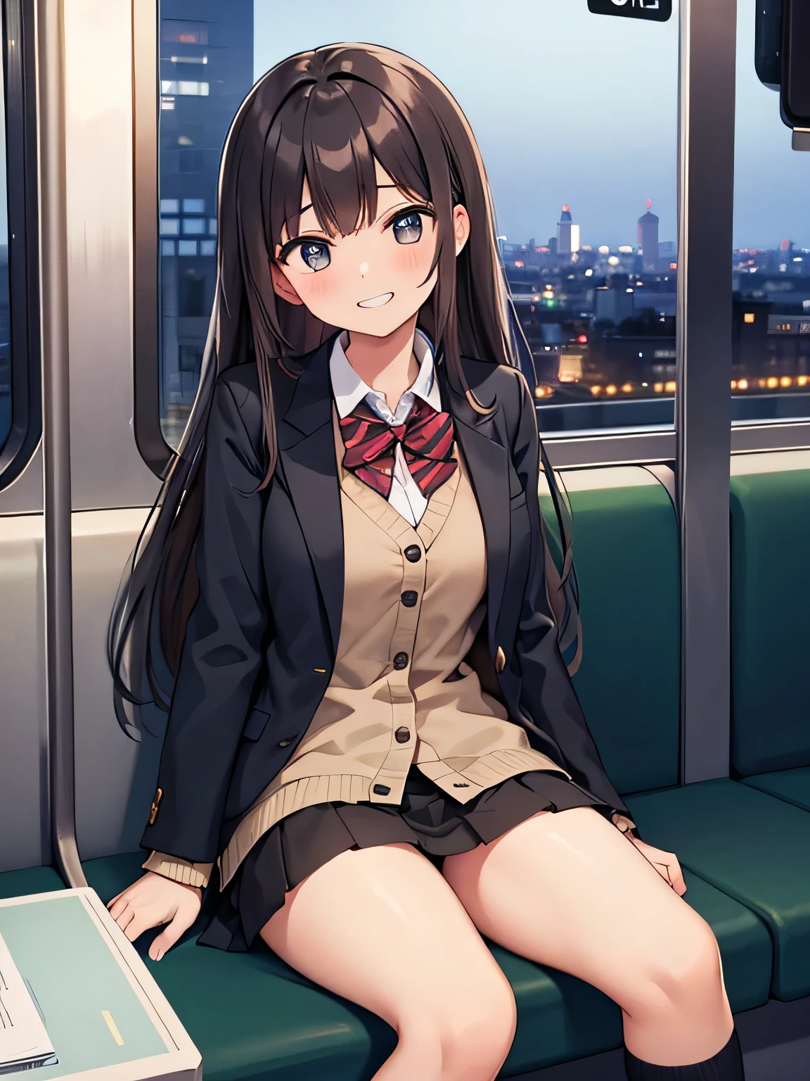 (1) A woman is sitting alone on a long seat on a train. She spreads her legs and rolls up her skirt, Show your black transparent panties to the person in front of you..
(2) She is a high school girl, She is wearing a uniform consisting of a miniskirt, blazer, and loose socks..
(3) she has medium length brown hair.
(4) Her expression is provocative and grinning.
(5) Location: Yamanote Line long seat at night. There are no other customers. The view outside the window is the night view of the city.