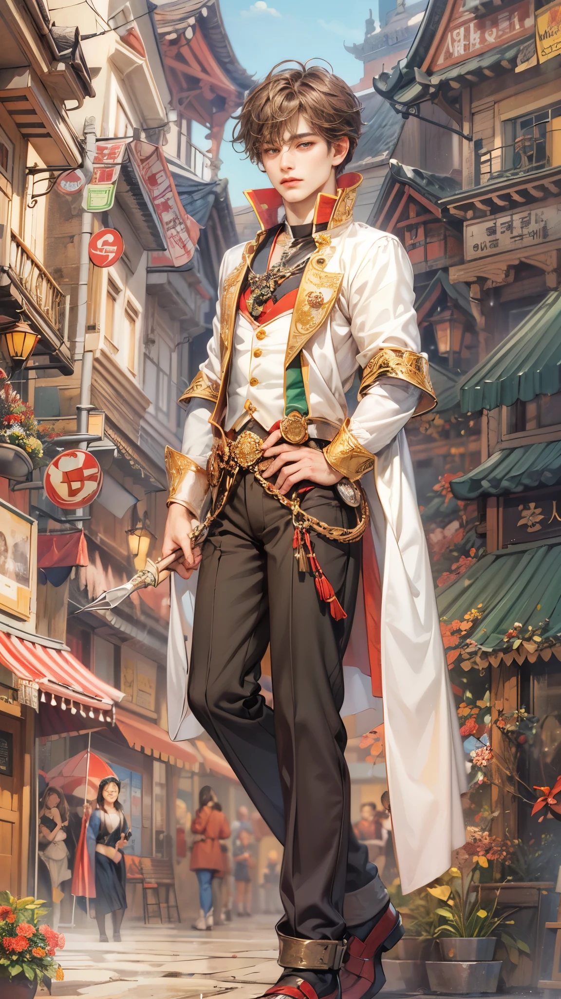 (absurdres, highres, ultra detailed, HDR), masterpiece, intricate details, best quality close-up picture of a character from Ragnarok Online, a character with handsome looks, korean face, obsidian hair, short hair, anime yellow eyes, matured teen, Victorian outfit showing chest, crop top, detailed town of prontera background, festive scenery, detailed character, art kenouji
