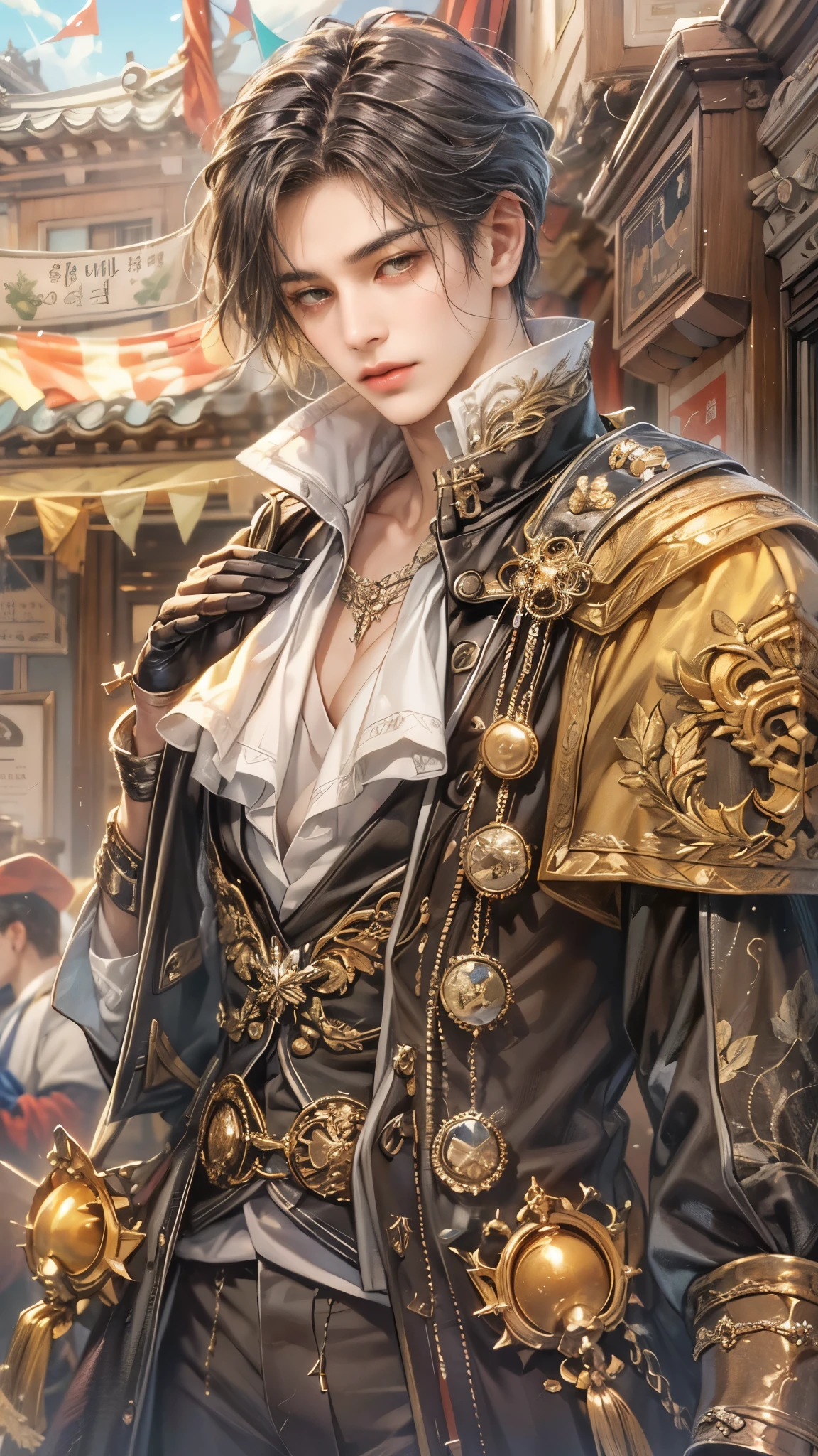 (absurdres, highres, ultra detailed, HDR), masterpiece, intricate details, best quality close-up picture of a character from Ragnarok Online, a character with handsome looks, korean face, obsidian hair, short hair, anime yellow eyes, matured , Victorian outfit showing chest, crop top, detailed town of prontera background, festive scenery, detailed character, art kenouji