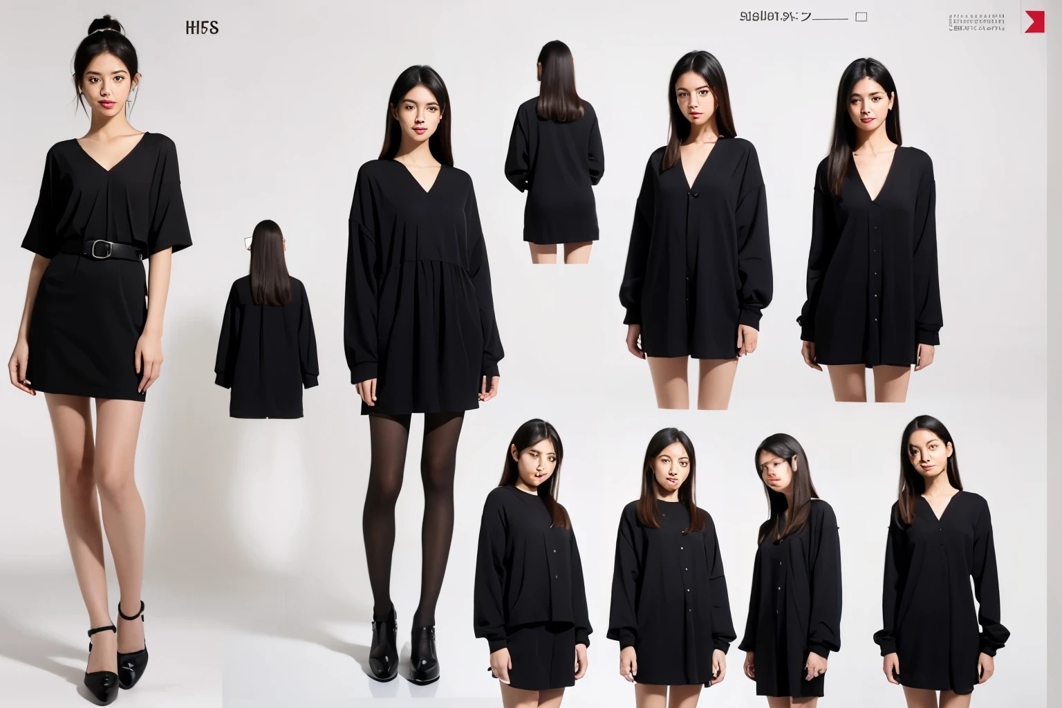 pose model sheet, black hair, red eyes, looking forward, best quality, masterpiece, anime girl, adult, dress black