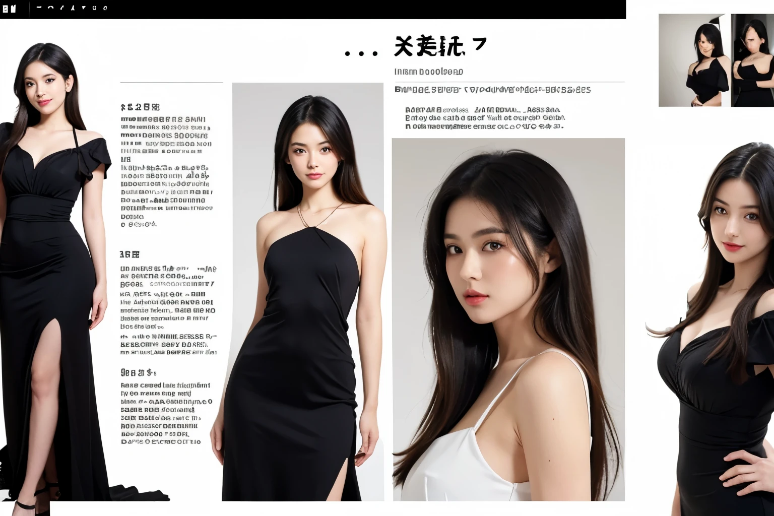 pose model sheet, black hair, red eyes, looking forward, best quality, masterpiece, anime girl, adult, dress black