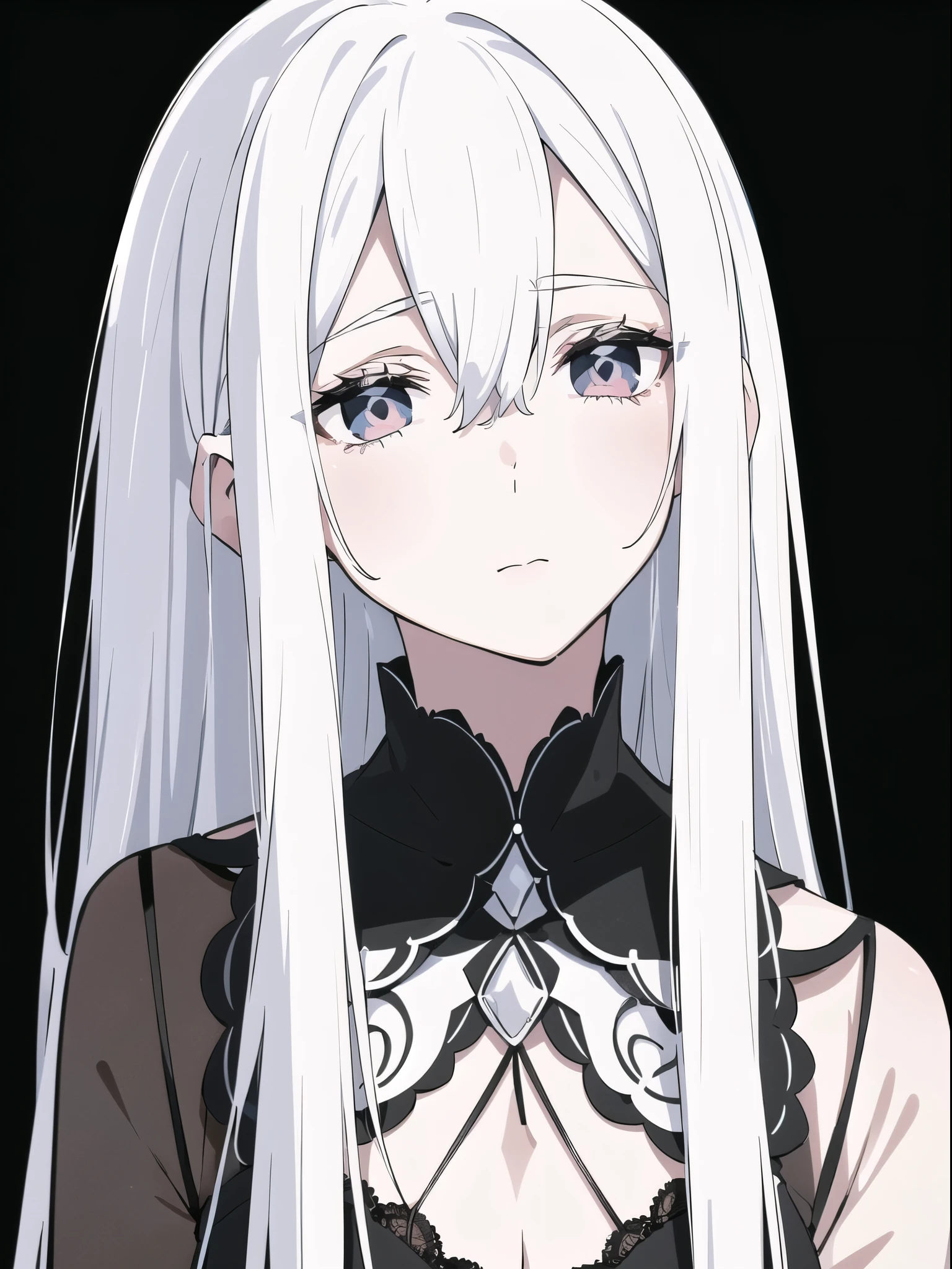 ((White hair)),((Head and Shoulders Image)),Sexy,A person,Alone,Simple style,pancake ,Simple details,Black background,Empty background,Black background wall,(20 year old woman),(Droopy hair),(White Gloves),(Evening Gown),(Lace Shirt),Lace,(confidence)