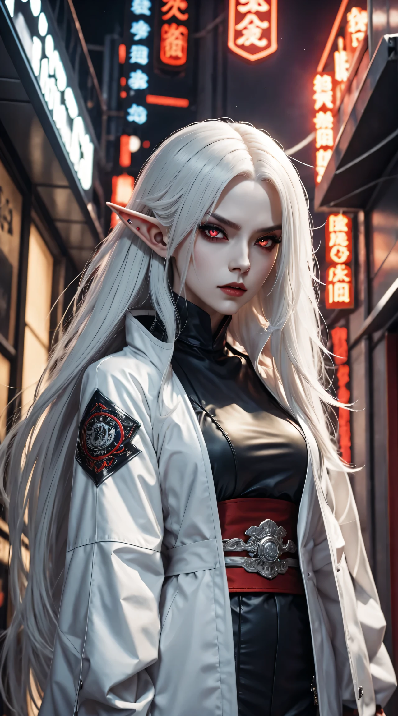 Photo of white-haired samurai wearing jacket standing in the middle of neon street , Her katana glows in the dark. masterpiece, woman , Elf ears，cyberpunk characters , (Have a tattoo), post apocalyptic, super detailed, ready to fight, Serious expression, super detailed的武士刀 , masterpiece ,