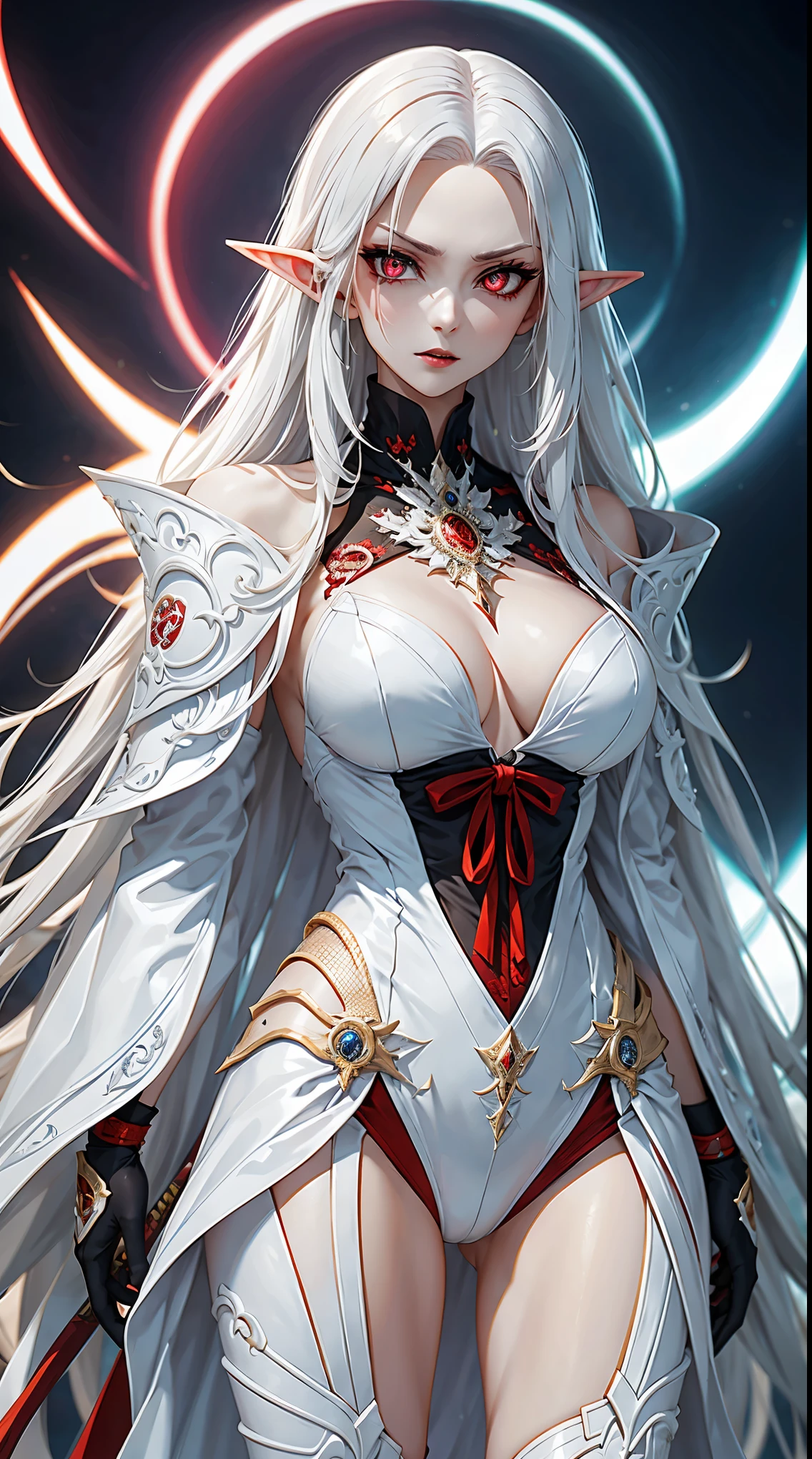Photo of white-haired samurai wearing jacket standing in the middle of neon street , Her katana glows in the dark. masterpiece, female , elf ears,cyberpunk characters , (Have a tattoo), post-apocalyptic, Super detailed, Ready to fight, Serious expression, Super detailed的武士刀 , masterpiece ,