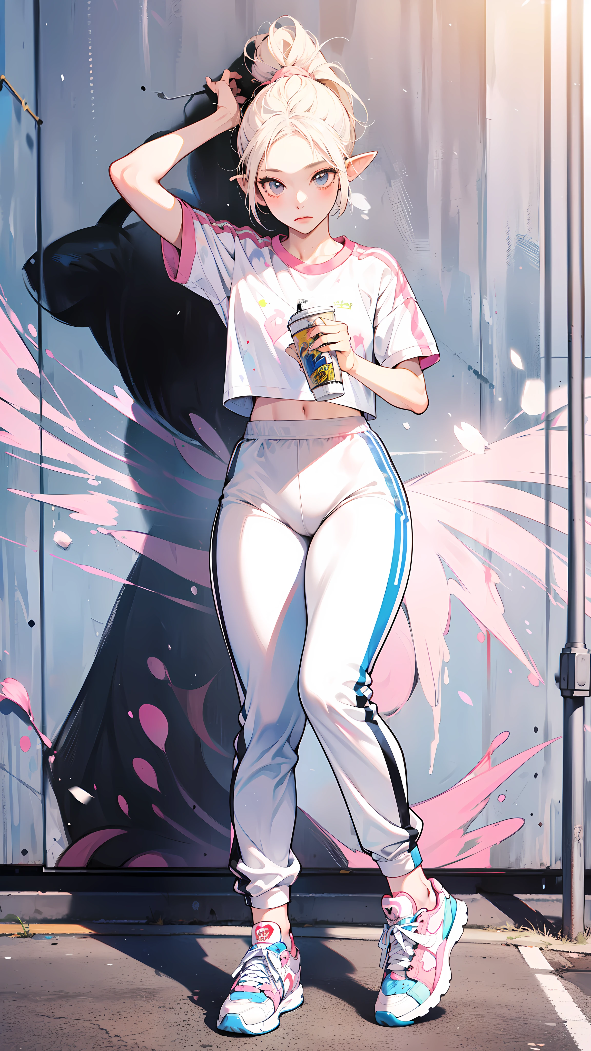 1elf girl, solo, (masterpiece), absurdres, high definition, paint splatters, graffiti, spray can, tight-fitting pants, athletic wear, jsrgum, street-style clothing, (pink and white sneakers), highly detailed face and eyes, white blonde short hair, ponytail. By Yusuke Murata.