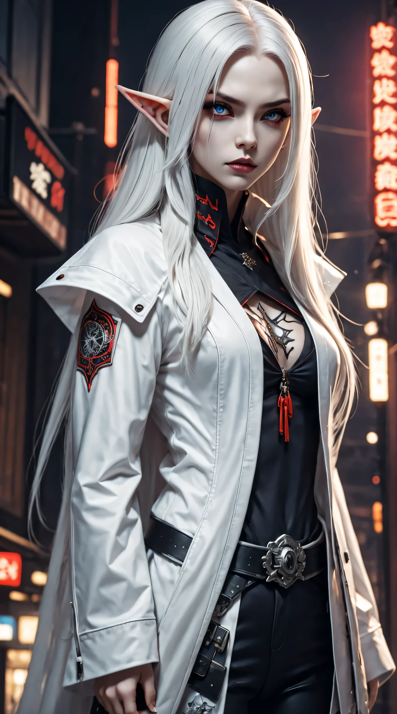 Photo of white-haired samurai wearing jacket standing in the middle of neon street , (Her katana glows in the dark). masterpiece, woman , Elf ears，cyberpunk characters , (Have a tattoo), post apocalyptic, super detailed, ready to fight, Serious expression, (super detailed的武士刀) , masterpiece ,