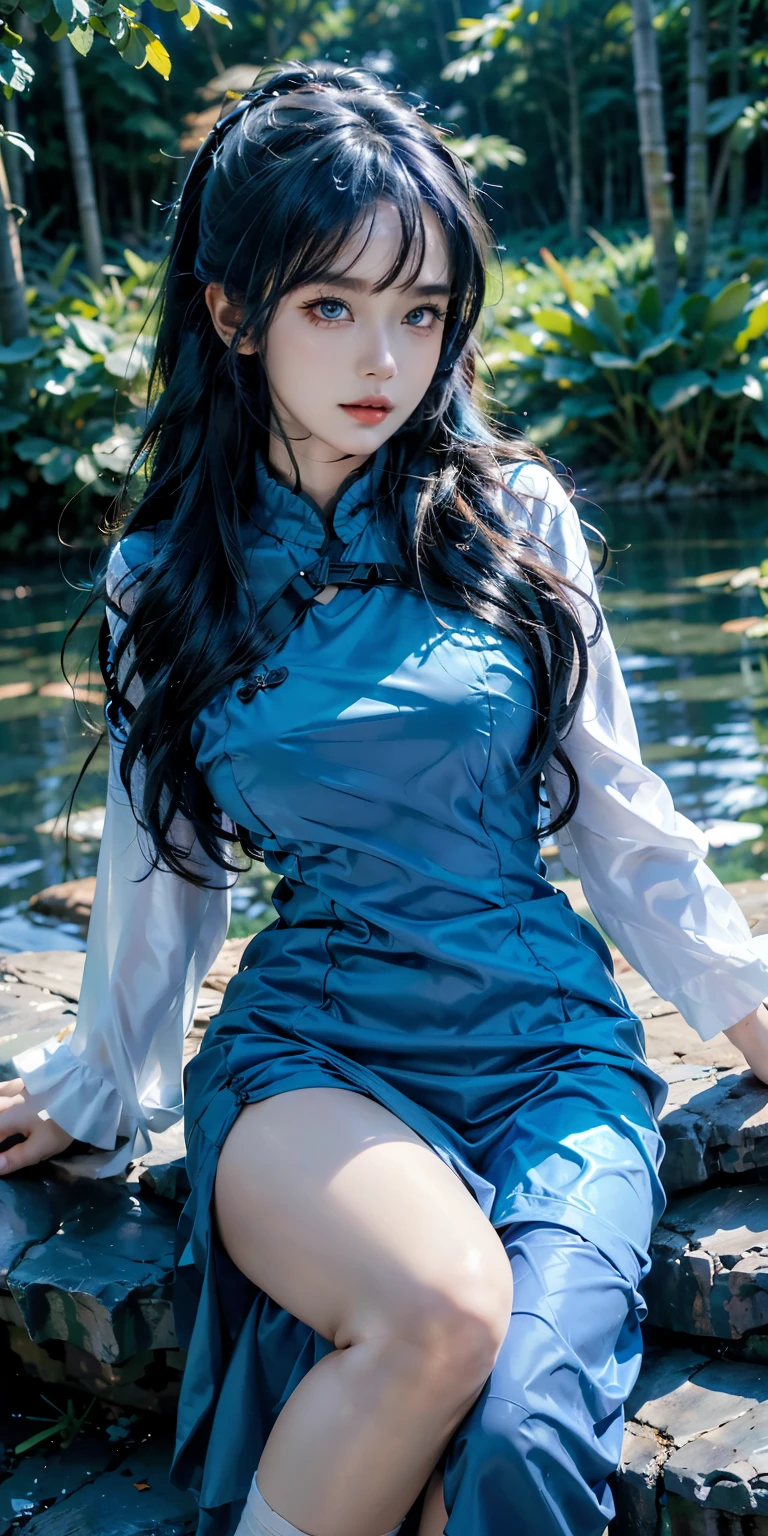 ((masterpiece,best quality)),negative space:1.3,Vision,there is a woman,Has navy blue hair and jelly,blue sky,There are trees in the vast grassland,fine details, Humanoid sea blue girl, light and shadow background, Ocean blue hair and cyan eyes,dress,black eyes
