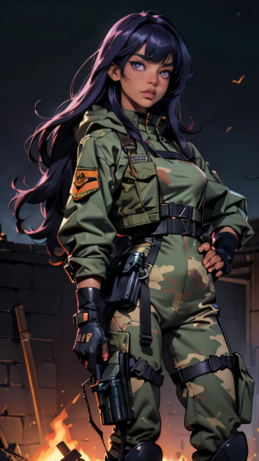 full body, 1girl、(Fluttering violet hair、beautiful dark-skinned Caribbean woman、A detailed face、Detailed facial contours、sharp outline、detailed purple eyes、Bright pupils、Gradient Eyes:1、finely detailed beautiful eye:1、Symmetrical eyes:1、big highlight on eyes:1.2)、Detailed hair strands、ripped muscular abdominals、breasts are very small in size、Glossy lips、Three-dimensional large round nose、Three-dimensional lips、(asymmetrical bangs、Long violet hair、disheveled hair)、(digital camouflage Army Pants、rebel Military、open wool-lined coat jacket with furry hood、tattered parka with bullet holes、hand gloves、Army Boots、Tactical Holster、HK mk.22、Holding a tarnished pistol)、(Fine fingers、detailed arms、detailed human hands)、(in 8K、top-quality、​masterpiece、ighly detailed、 professional lighting、Near and far law、(lighting large pyre during sci-fi ???????? indica village plant festival)、(High dynamic range)、sharp focus:1。4、(Hyper-detailing、finedetail)、