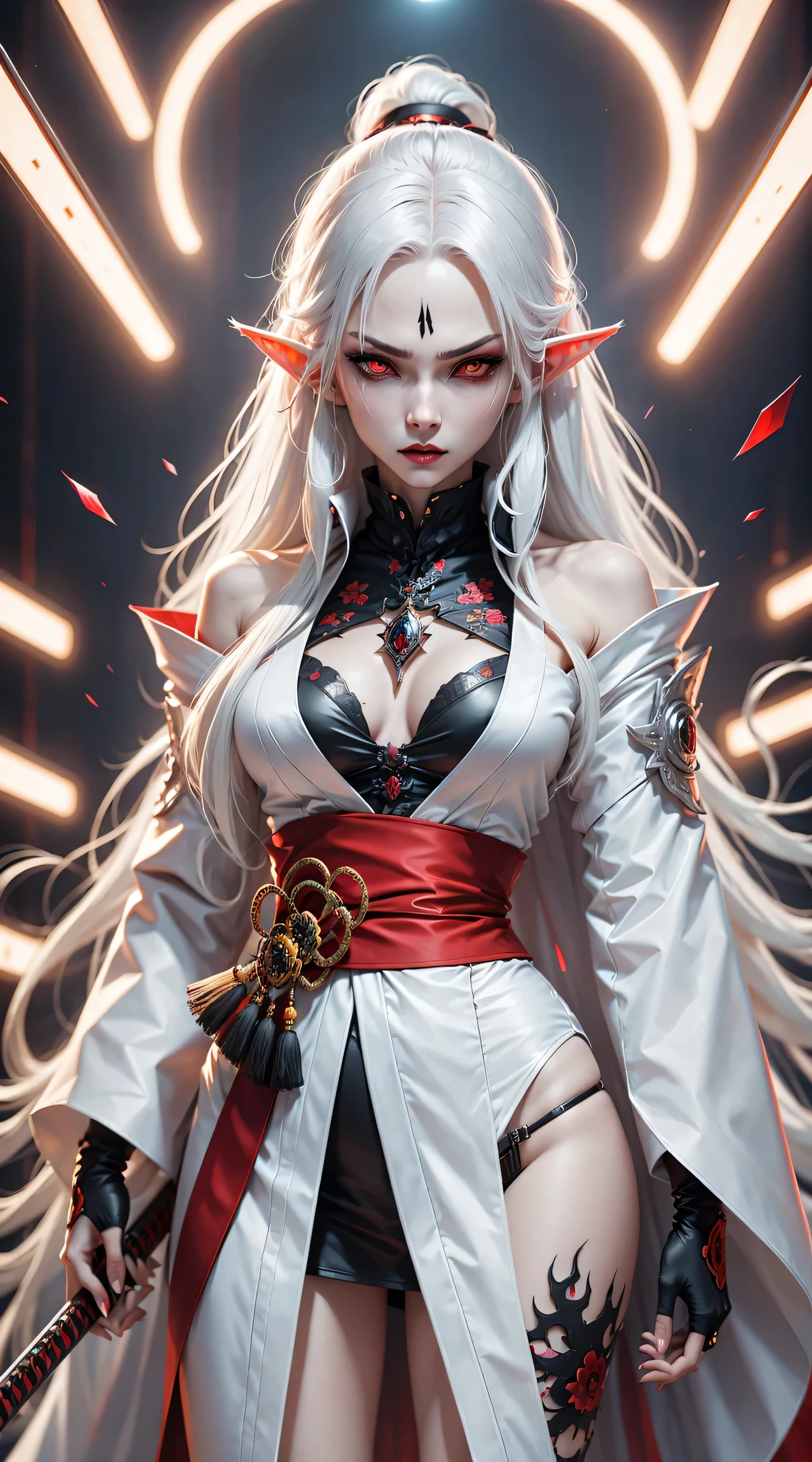 Photo of white-haired samurai wearing jacket standing in the middle of neon street , (Her katana glows in the dark). masterpiece, woman , Elf ears，cyberpunk characters , (Have a tattoo), post apocalyptic, super detailed, ready to fight, Serious expression, (super detailed的武士刀) , masterpiece ,