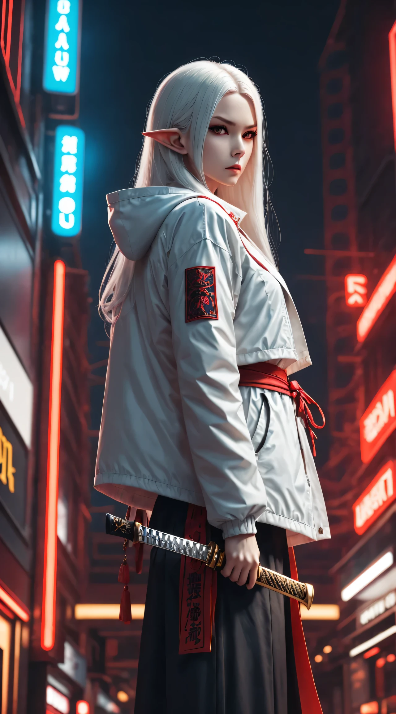 Photo of white-haired samurai wearing jacket standing in the middle of neon street , (she carries a katana). masterpiece, woman , Elf ears，cyberpunk characters , (Have a tattoo), post apocalyptic, super detailed, ready to fight, Serious expression, (super detailed的武士刀) , masterpiece ,
