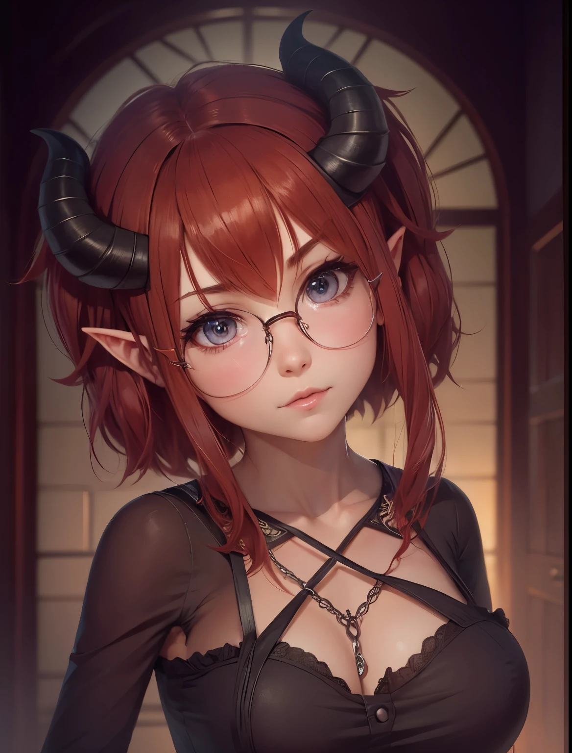 a cute redhair anime girl, lovely face, beautiful, short hair , pointy elf ears, horns, demon girl, round glasses, best quality, anime, cute, cheecks, best quality, 4k