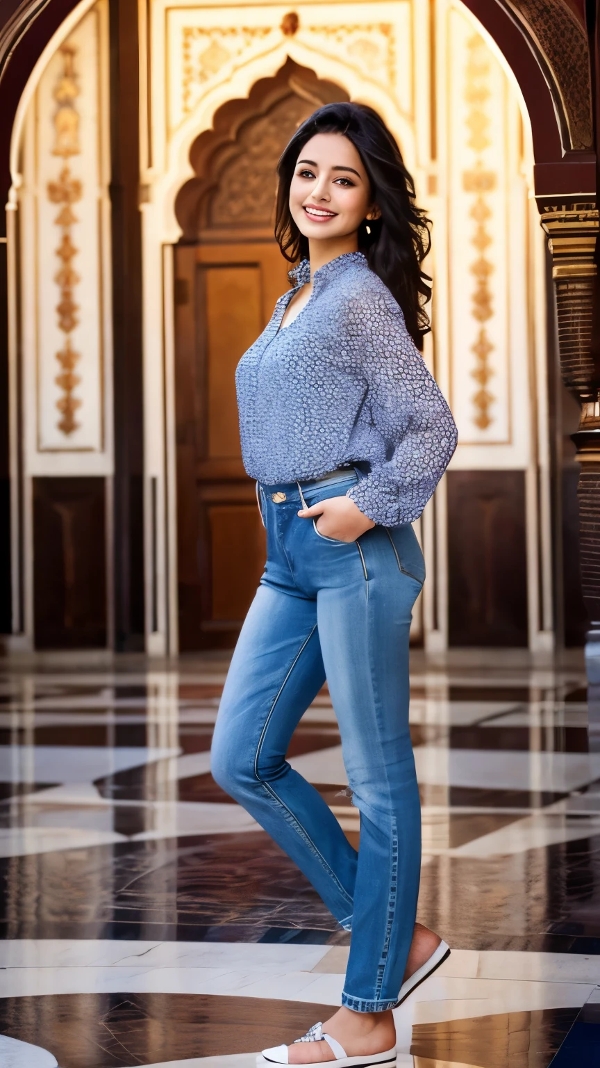 Imagine a picturesque scene at the iconic Taj Mahal location featuring an Indian woman with black curls, captivating brown eyes, and a glowing body under perfect lighting. Capture her in a charming pose, radiating beauty and charm with a smiley face, casually dressed in jeans. Ensure the visual is presented in Full HD, highlighting the elegance and allure as she graces the backdrop of the magnificent Taj Mahal with her presence.