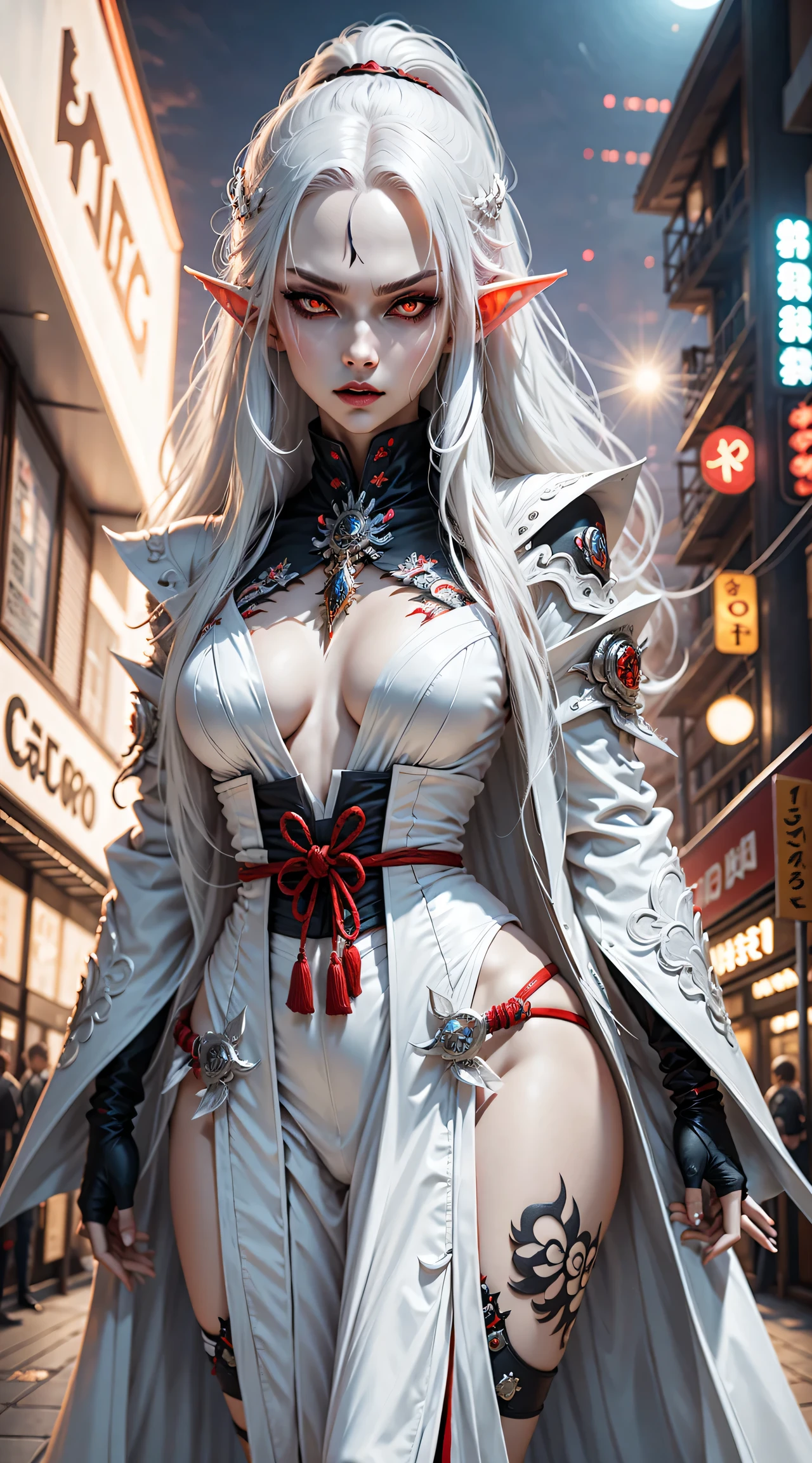 Photo of white-haired samurai wearing jacket standing in the middle of neon street , (Her katana glows in the dark). masterpiece, woman , Elf ears，cyberpunk characters , (Have a tattoo), post apocalyptic, super detailed, ready to fight, Serious expression, (super detailed的武士刀) , masterpiece ,