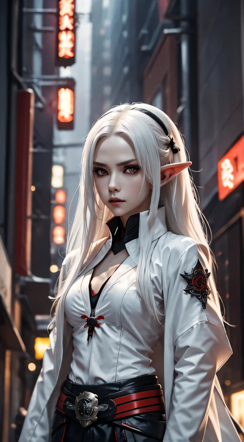 Photo of white-haired samurai wearing jacket standing in the middle of neon street , (She holds a glow-in-the-dark katana). masterpiece, woman , Elf ears,cyberpunk characters , (Have a tattoo), post apocalyptic, super detailed, ready to fight, Serious expression, (super detailed的武士刀) , masterpiece ,