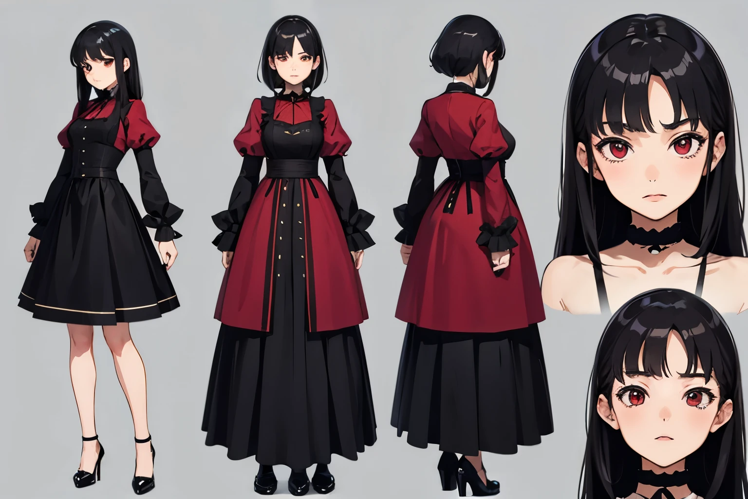 pose model sheet, black hair, red eyes, looking forward, best quality, masterpiece, anime girl, adult, dress black