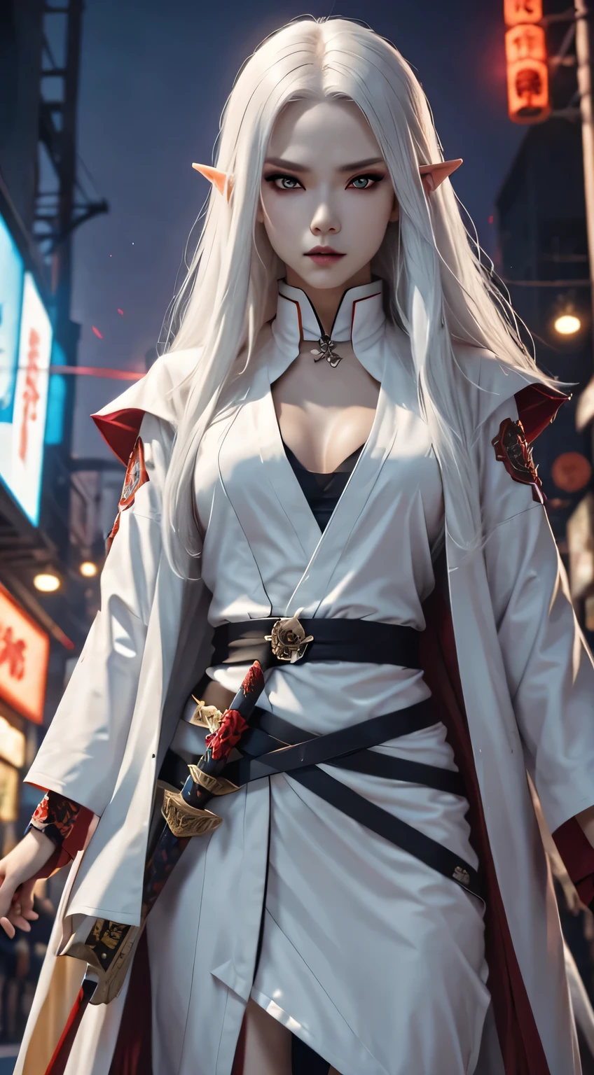 Photo of white-haired samurai wearing jacket standing in the middle of neon street , (She holds a glow-in-the-dark katana). masterpiece, woman , Elf ears,cyberpunk characters , (Have a tattoo), post apocalyptic, super detailed, ready to fight, Serious expression, (super detailed的武士刀) , masterpiece ,