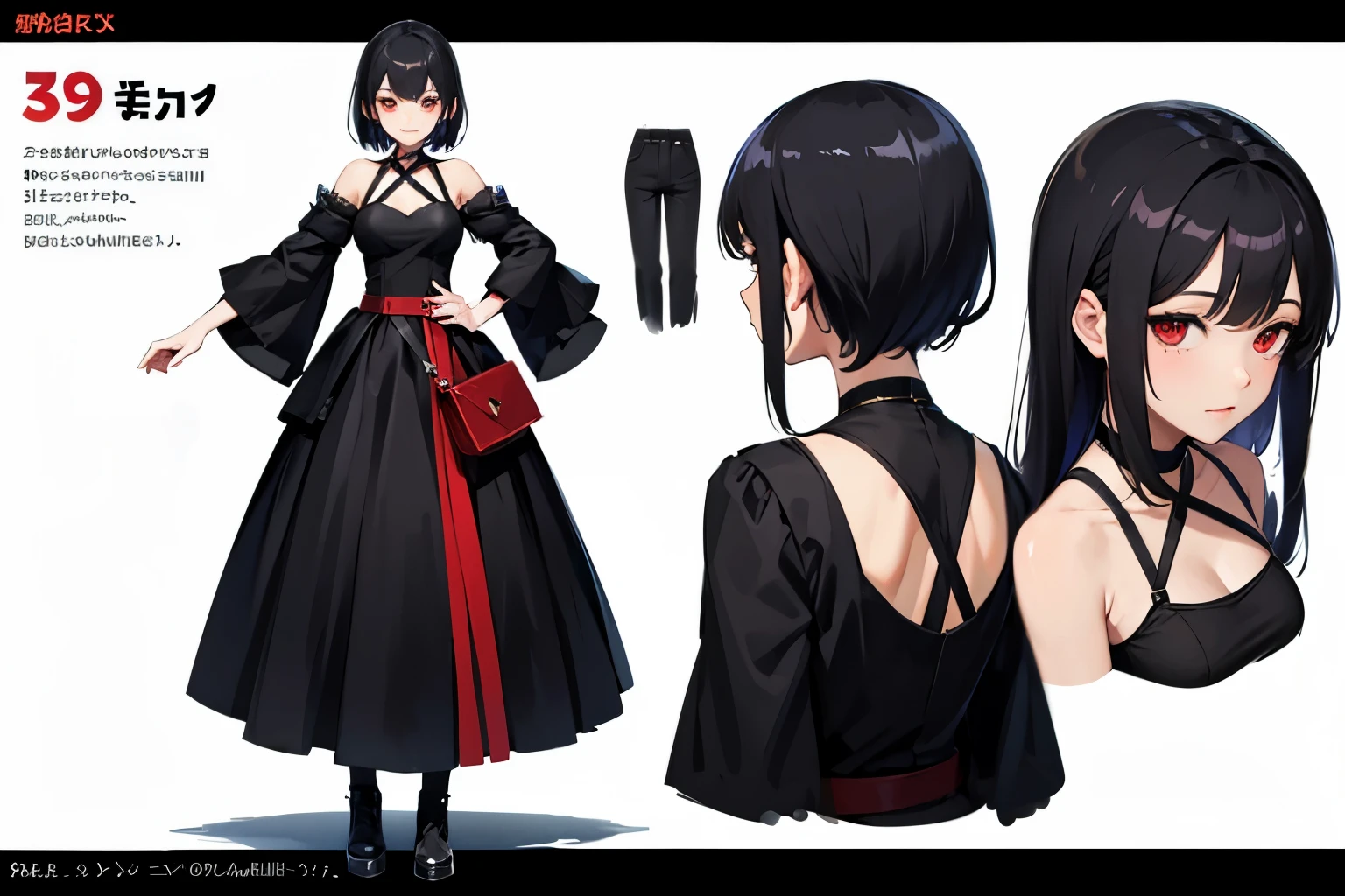 pose model sheet, black hair, red eyes, looking forward, best quality, masterpiece, anime girl, adult, dress black