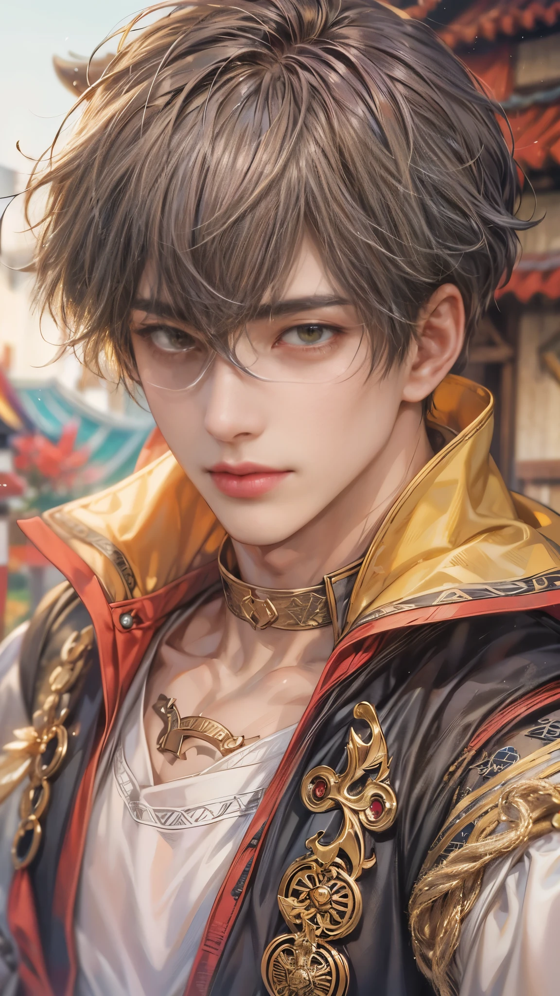 (absurdres, highres, ultra detailed, HDR), masterpiece, intricate details, best quality close-up picture of a character from Ragnarok Online, a character with handsome looks, korean face, obsidian hair, short hair, anime yellow eyes, matured , Assassin outfit showing chest, crop top, detailed town of prontera background, festive scenery, detailed character, art kenouji
