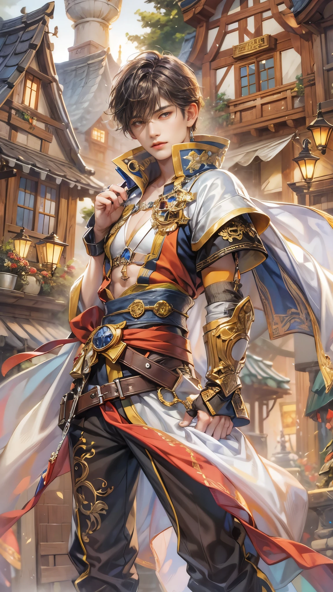 (absurdres, highres, ultra detailed, HDR), masterpiece, intricate details, best quality close-up picture of a character from Ragnarok Online, a character with handsome looks, korean face, obsidian hair, short hair, anime yellow eyes, matured teen, Assassin outfit showing chest, crop top, detailed town of prontera background, festive scenery, detailed character, art kenouji