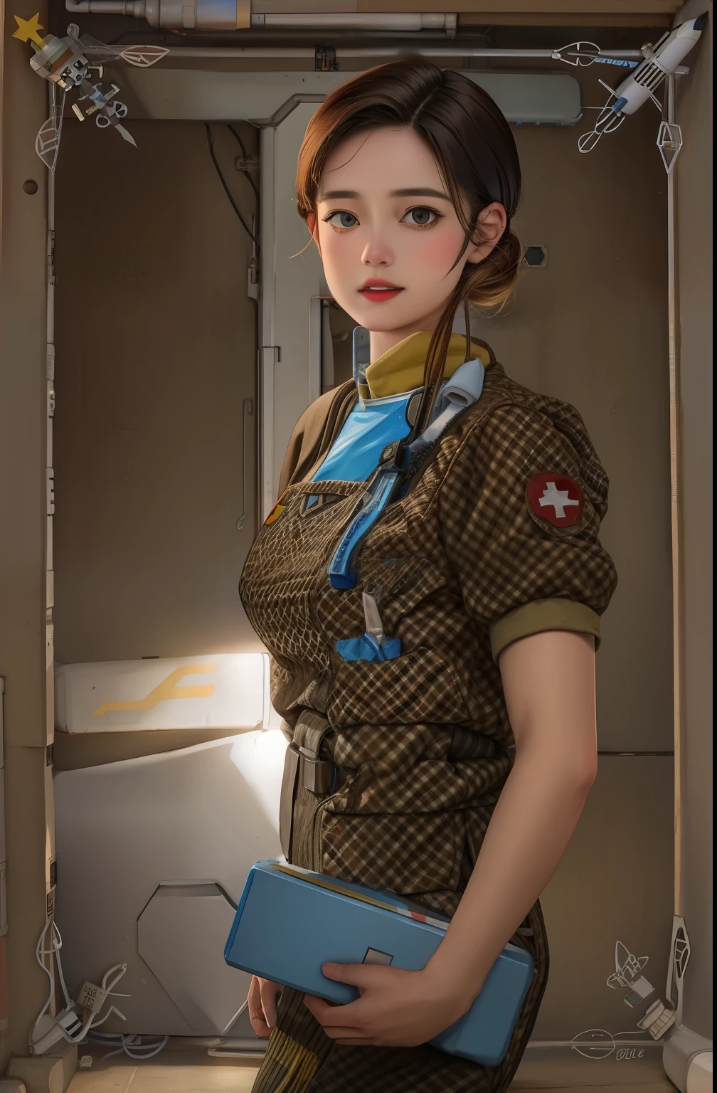 A female medic in a space medical suit, which is filled with many highly detailed parts. In his hand is a first aid box with a blue cross. Styles sci-fi and futurism