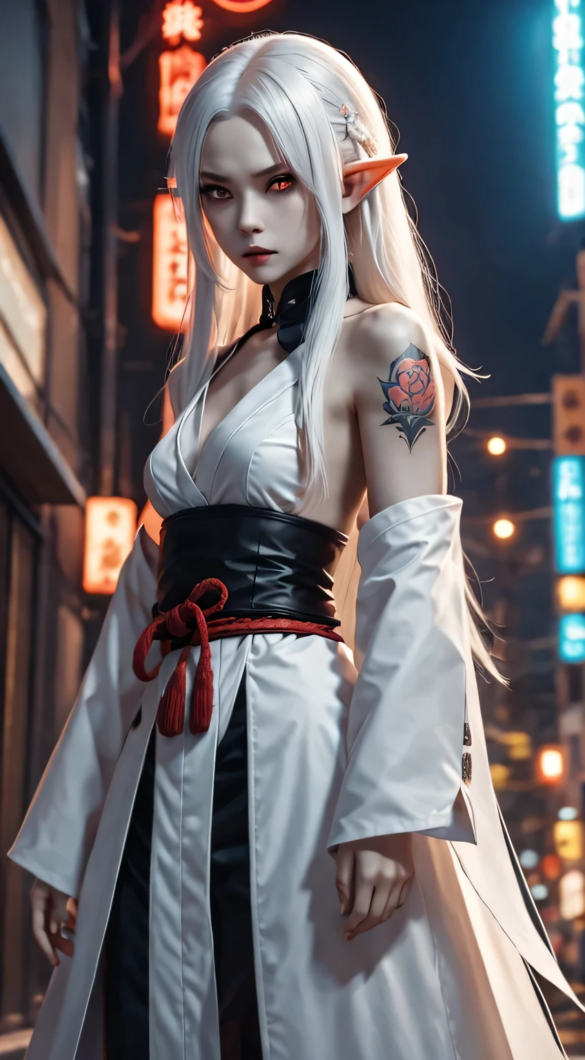 Photo of white-haired female samurai with katana and tattoo standing in the middle of neon street