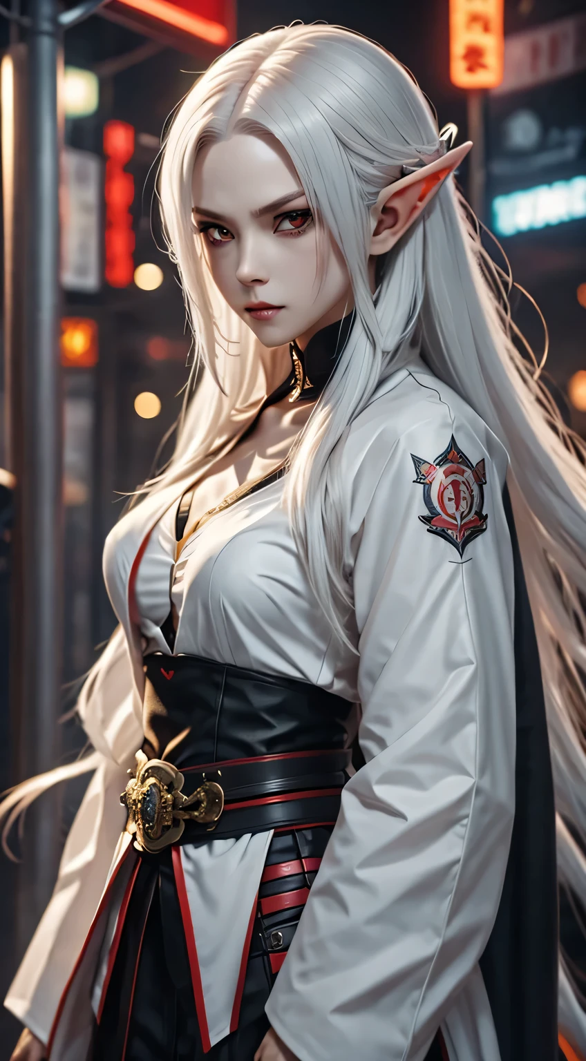 Photo of white-haired samurai wearing jacket standing in the middle of neon street , (she carries a katana). masterpiece, woman , Elf ears,cyberpunk characters , (Have a tattoo), post apocalyptic, super detailed, ready to fight, Serious expression, (super detailed的武士刀) , masterpiece ,