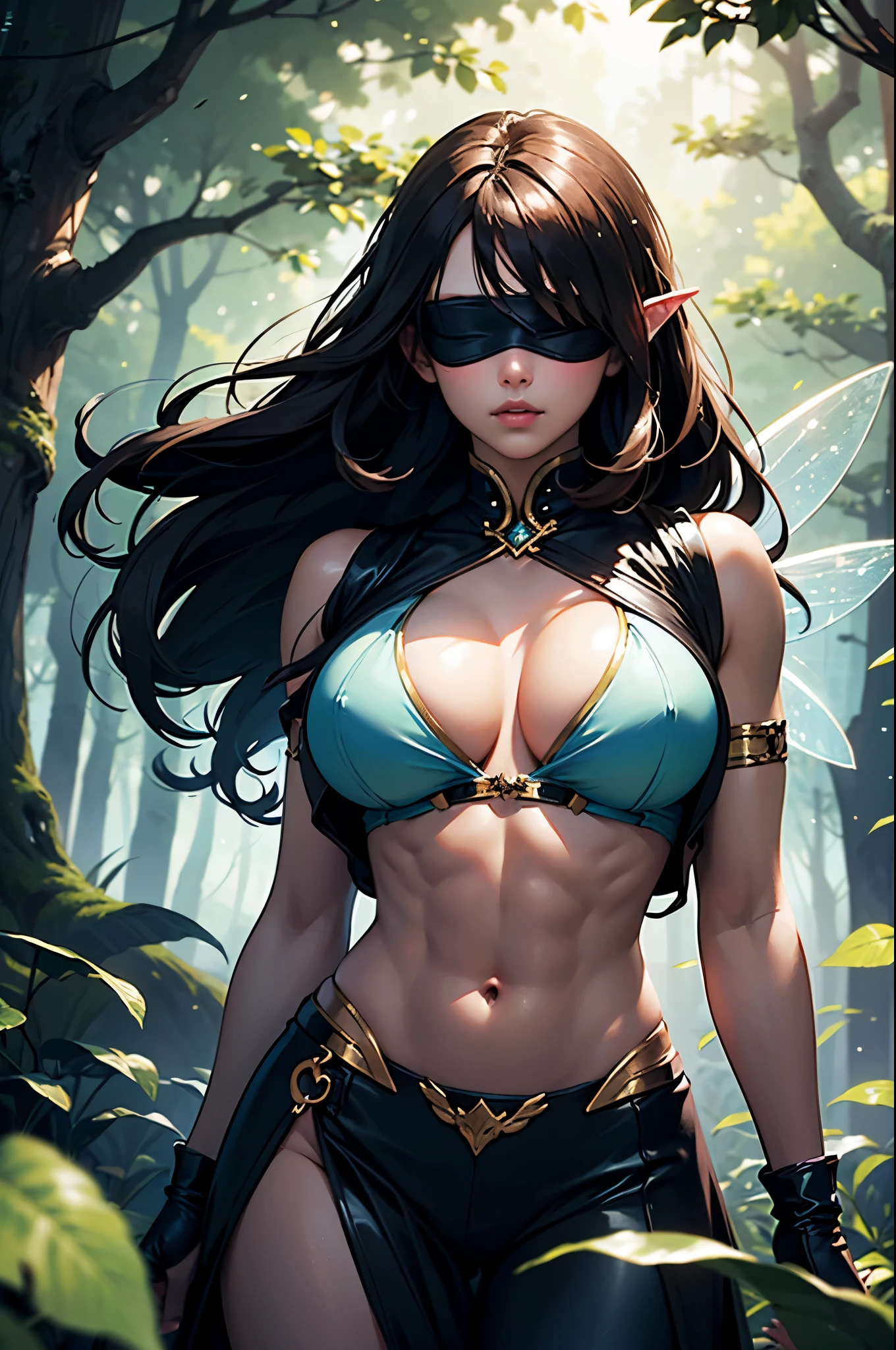 masterpiece, 1fairy, a flying female fairy, perfect face, light, glass tree forest, dramatic lighing, blindfold, ultra detailed, floating glow lights, depth of field, (shining dust), heavy huge and sagging breast, muscular girl, defined abs,