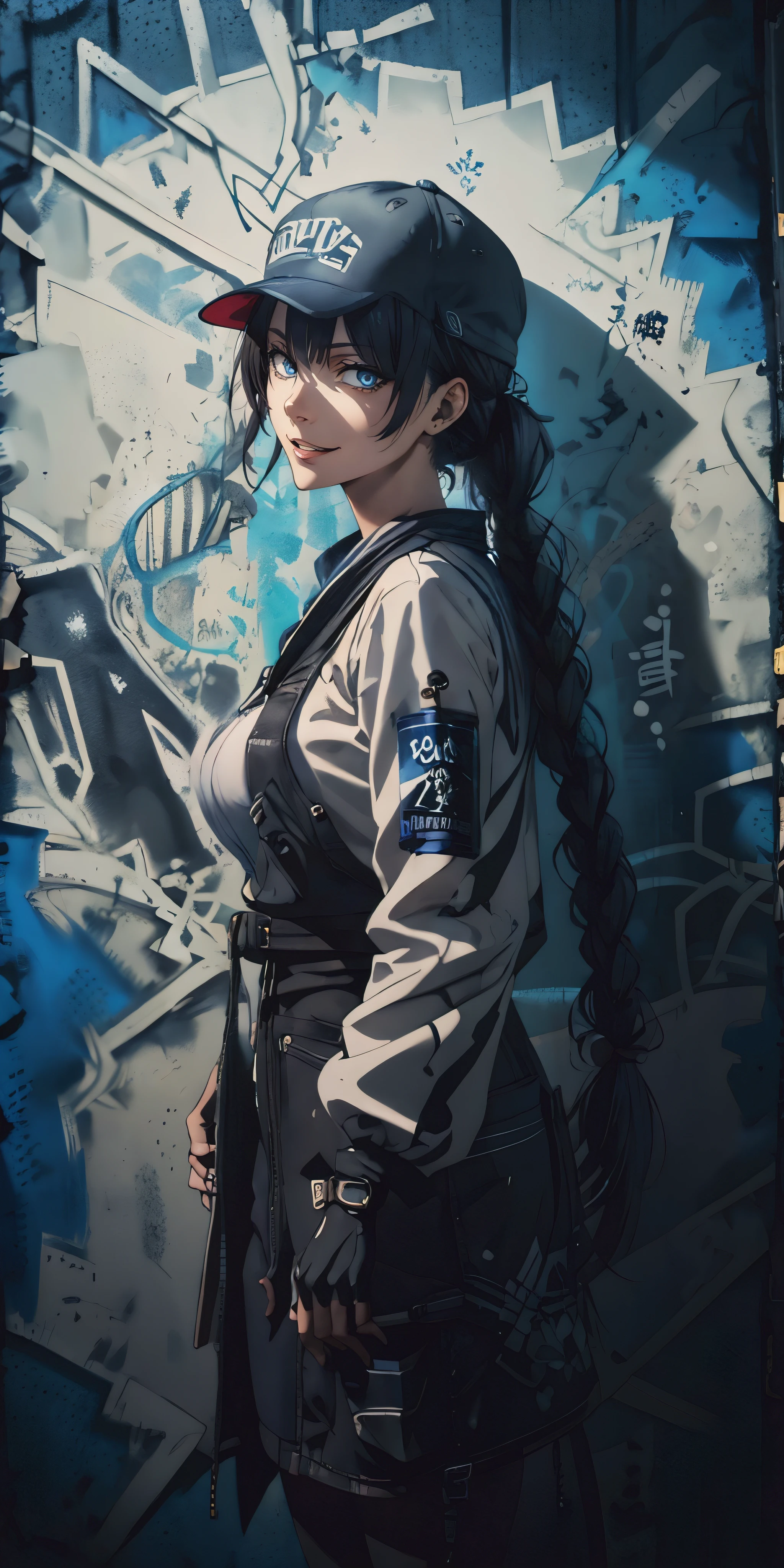 sensei, anatomically correct, best quality, masterpiece, high quality, high details, highres, HD, (shaded face:1.2), hollow eyes, blue eyes, looking at viewer, seductive smile, Masterpiece, 1girl, busty woman, standing in front of a graffiti wall, spray can , (base cap:1.3), long black hair, braided ponytail, cowboy shot
