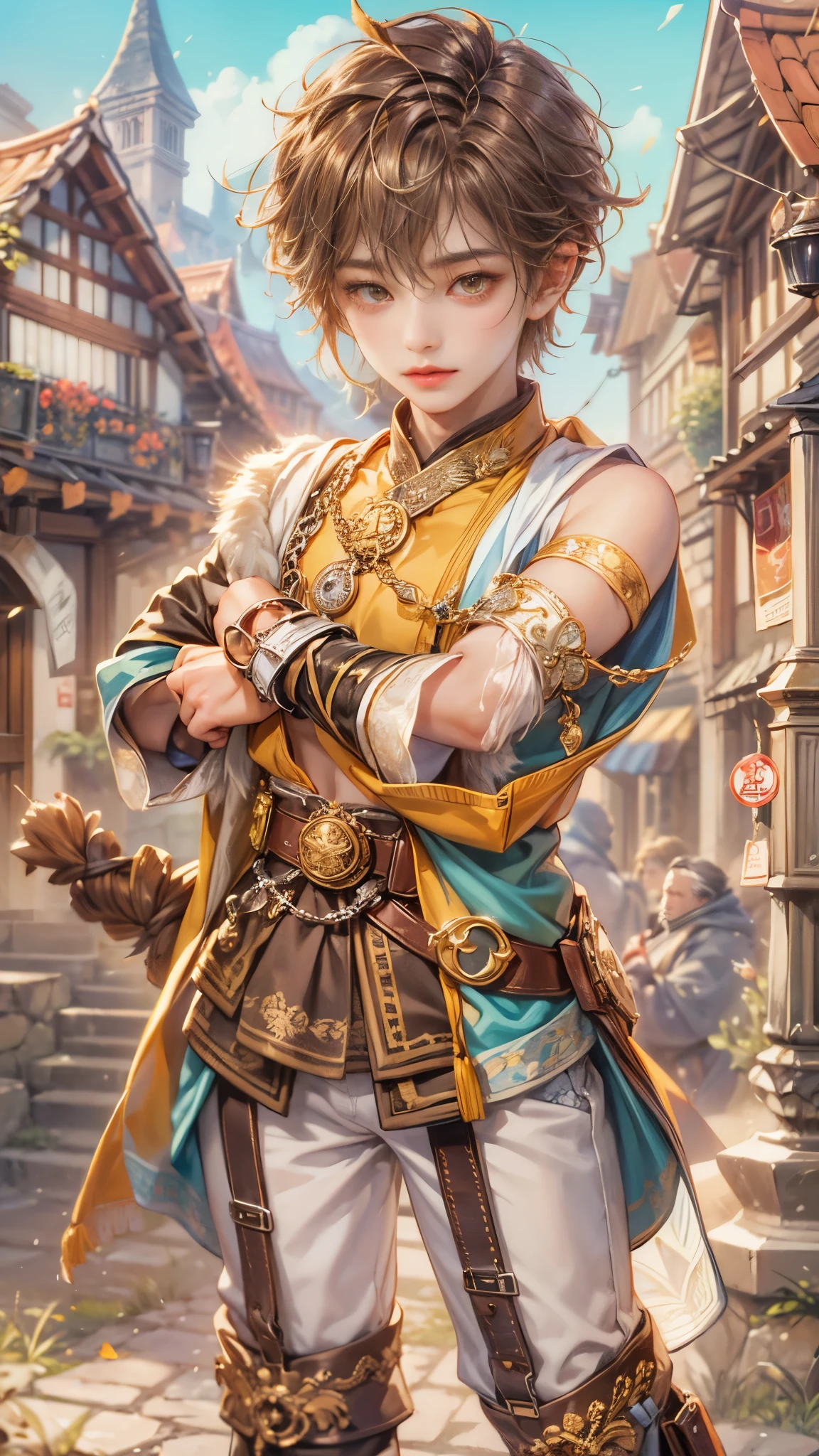 (absurdres, highres, ultra detailed, HDR), masterpiece, intricate details, best quality close-up picture of a character from Ragnarok Online, a character with handsome looks, korean face, obsidian hair, short hair, anime yellow eyes, matured teen, Cleric outfit showing chest, crop top, detailed town of prontera background, festive scenery, detailed character, art kenouji